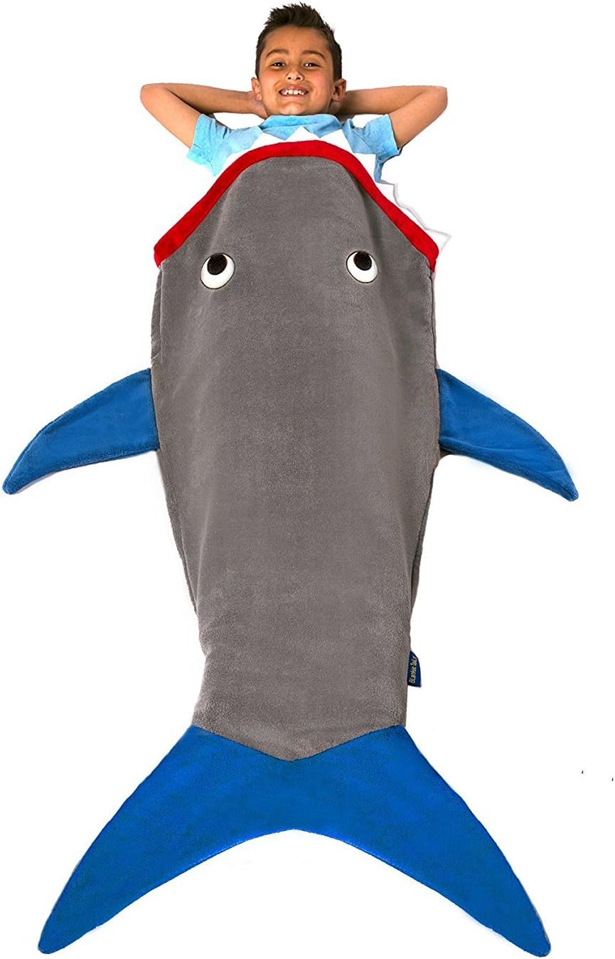 Blankie Tails | Shark Blanket, New Shark Tail Double Sided Super Soft and Cozy Minky Fleece Blanket, Machine Washable Wearable Blanket (56'' H x 27'' (Kids Ages 5-12), Gray & Blue)