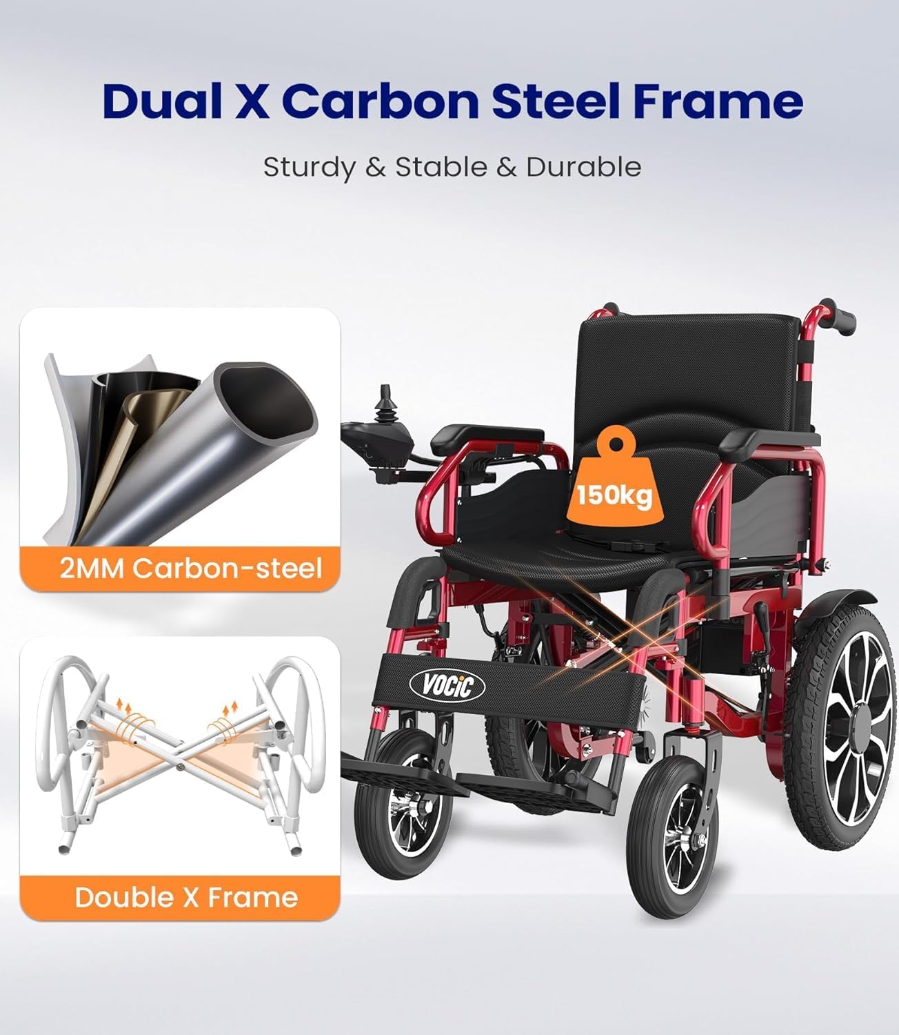 VOCIC V56 Silla de ruedas electrica plegable ligera 150KG,30KM silla ruedas electrico estable con neumáticos de goma 40CM para todos los terrenos,Aprobado por la aerolínea,Garantía de 5 años (Rojo)