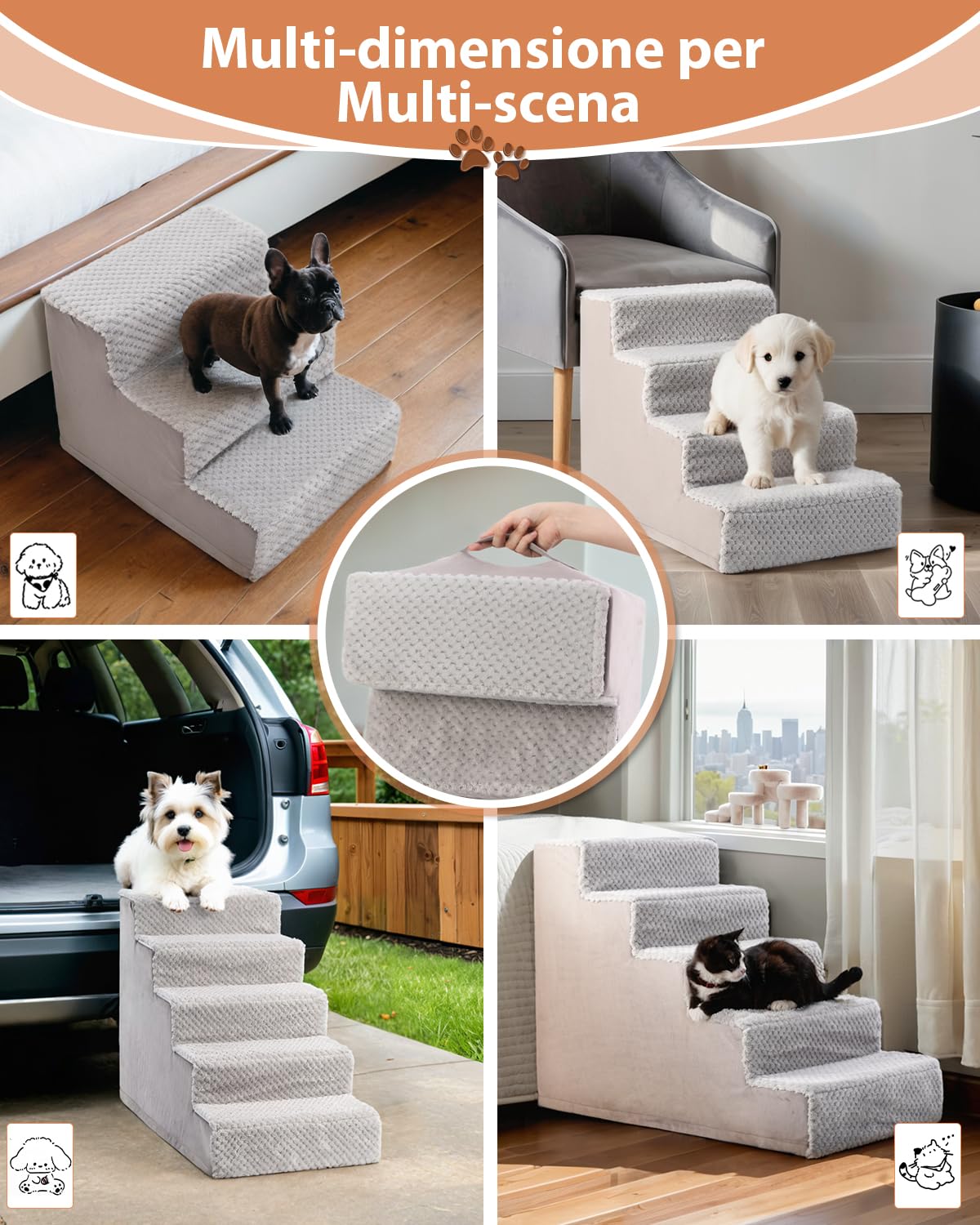 KSIIA Scala per cani di piccola taglia alta 44 cm scala per animali domestici con rivestimento lavabile rimovibile scala per gatti vecchi e cani rampa antiscivolo per cani per letto divano grigio