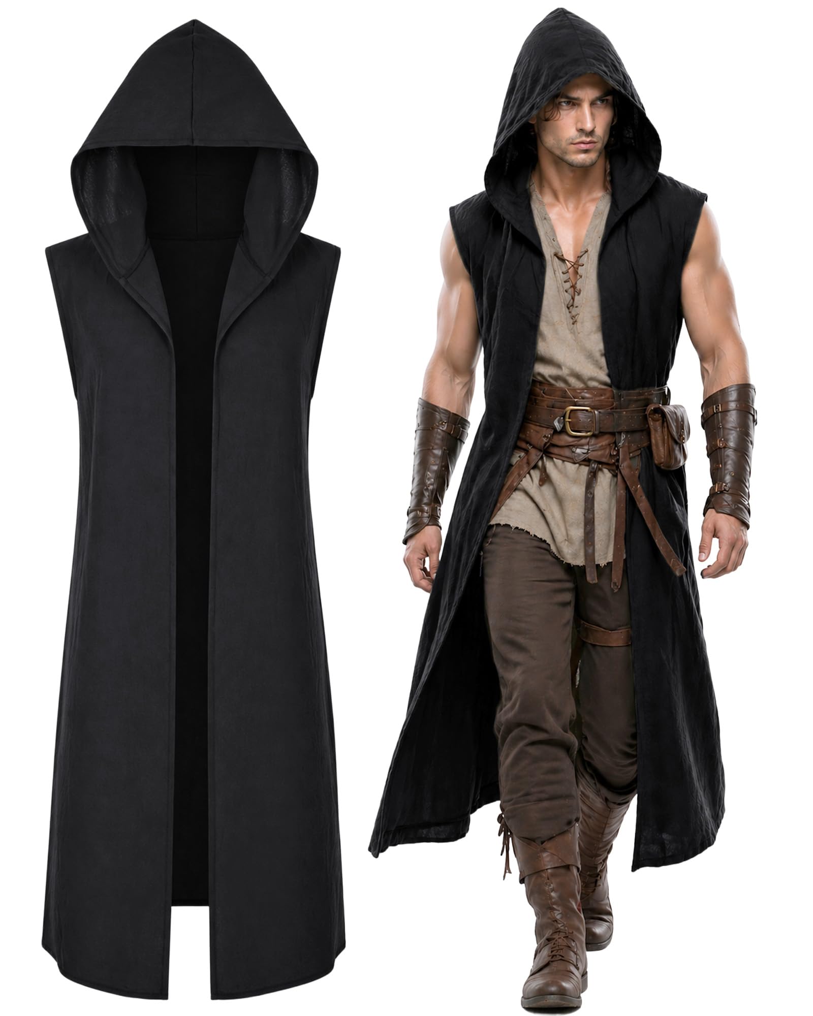 CoTeeZa Medieval Sleeveless Surcoat Renaissance for Men Halloween LARP Fantasy Knight Costume Outfit Viking Accessories, Black M, Medium