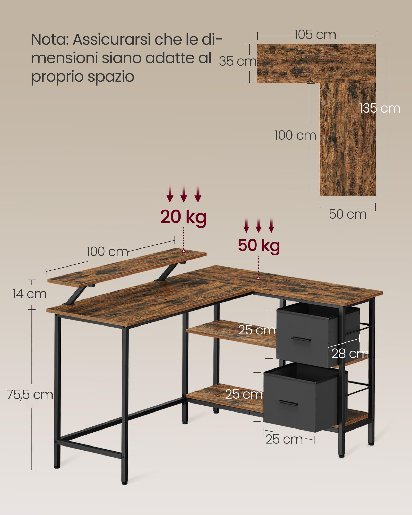 VASAGLE Scrivania per Computer a L, Scrivania ad Angolo con 2 Cassetti Spaziosi e Supporto per Monitor, Ripiano Regolabile, per Ufficio Studio, Marrone Vintage LWD098B01