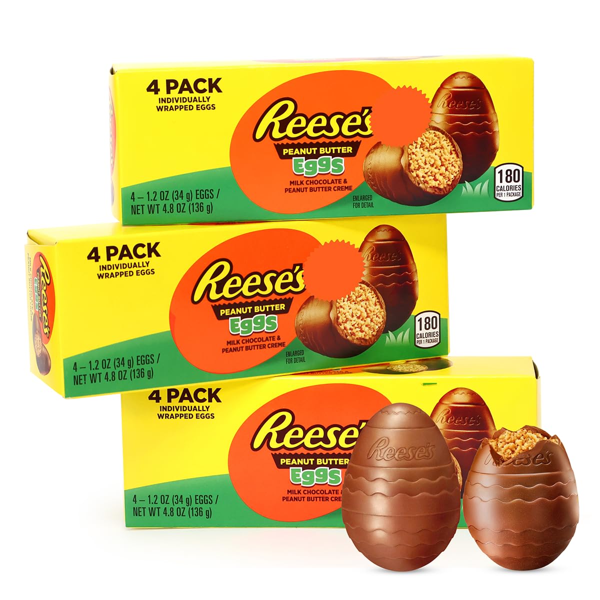 Reese Large Peanut Butter Eggs - 3 Pack Egg-Shaped Milk Chocolate Creme Filled Easter Candy, Holiday Sweets For Baskets Stuffers & Treats - 1.2 oz (4 Pieces Per Box)