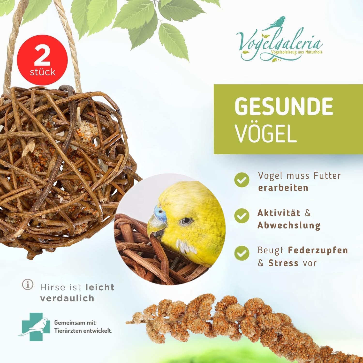 Vogelgaleria Foxtail Millet Filled Willow Ball Pack of 2 Handmade in Germany Amazing Fun for Happy and Active Budgies - Image 2