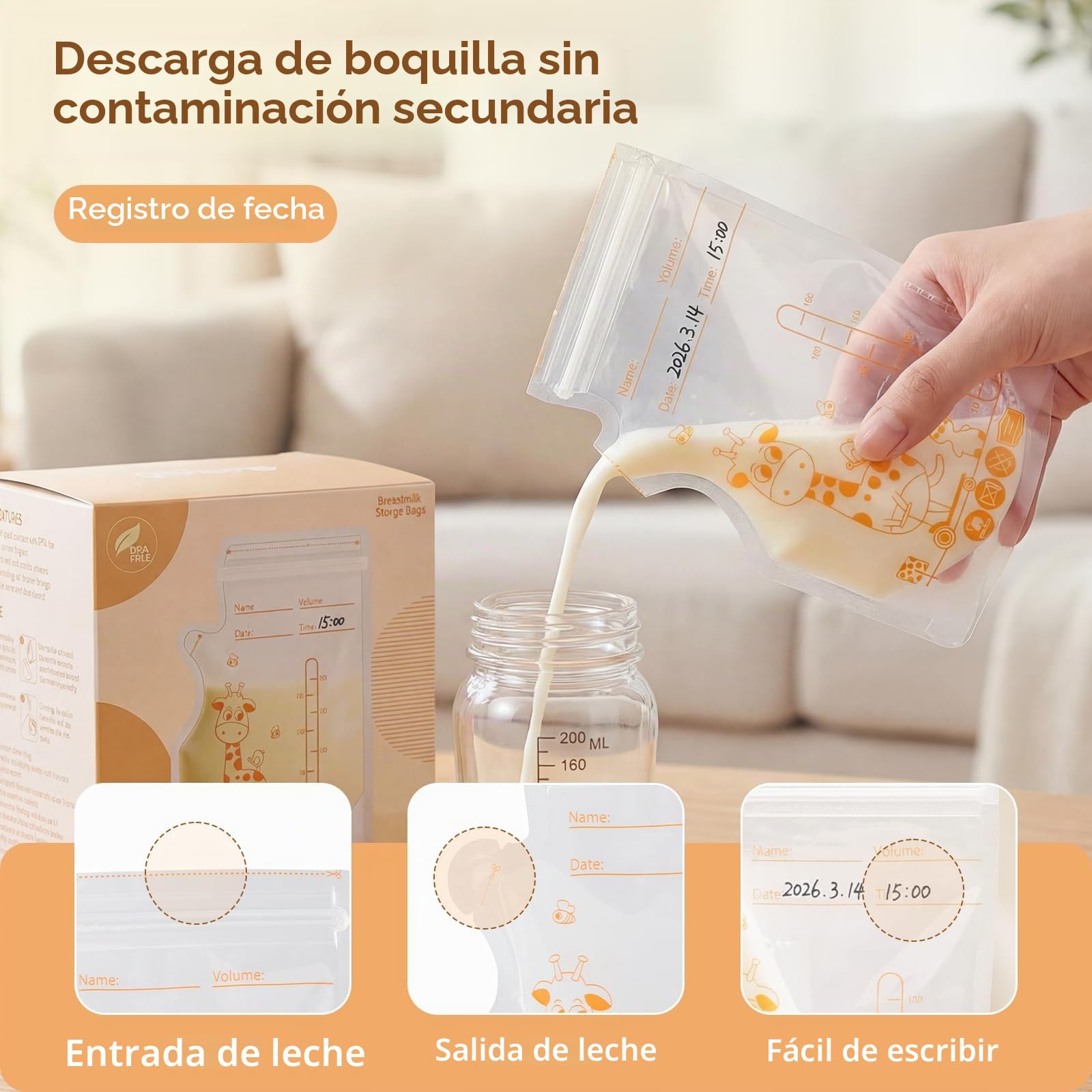 Vinabo Bolsas de Almacenamiento de Leche Materna, 180ml, 100 Unidades, Polietileno, Doble Cierre, Congelación Rápida, Libre de BPA