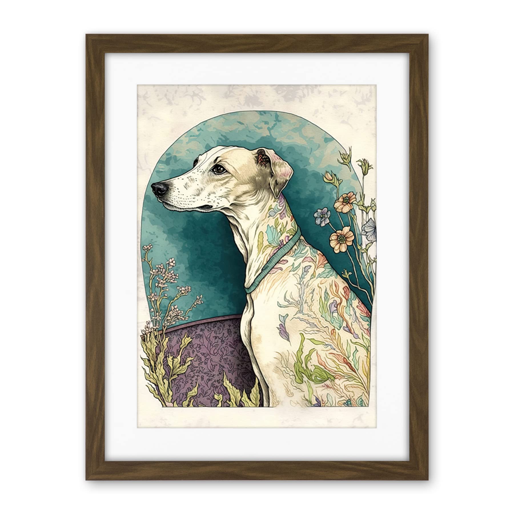 Artery8 Whippet Dog with Flowers Modern Multicoloured Watercolour Illustration Artwork Framed Wall Art Print 18X24 Inch