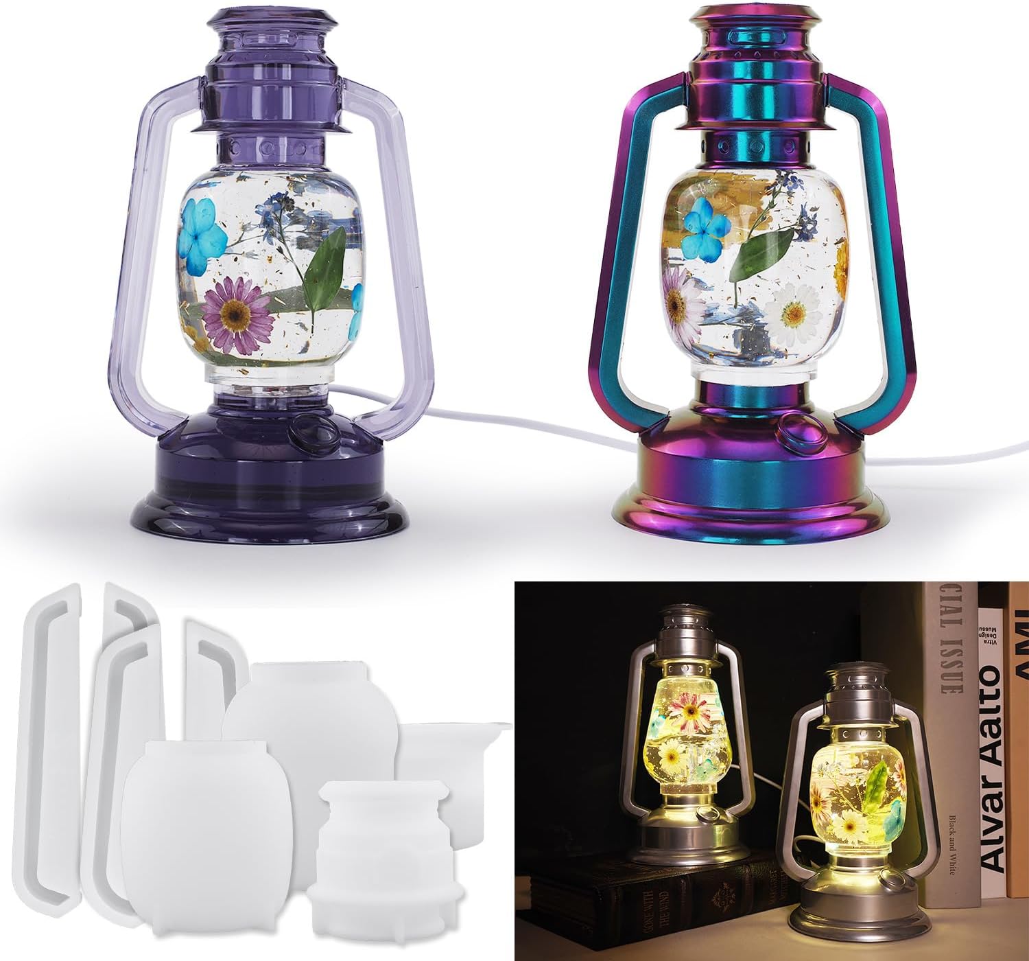 DIY 3D Kerosene Lamp Silicone Resin Molds, Large Resin Crafts Molds, Epoxy Molds DIY Casting for Wall Hanging Door Paperweight, Christmas Gifts Home Art Décor with 4 pcs LED Lights