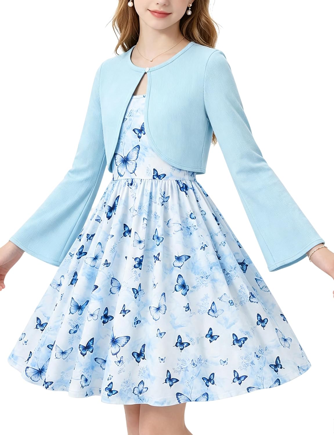 Girls Skater Dress 7-14Y Adjustable Strap Outfit with Flare Sleeve Cardigan