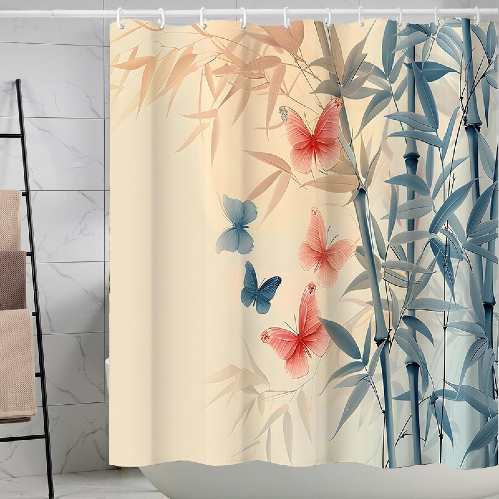 Shower Curtains Blue Bamboo Butterfly Wet Room Shower Curtain Mould Proof Resistant Waterproof Polyster Fabric Washable with 12 Hooks Garden Bathroom Curtains (180x200cm)