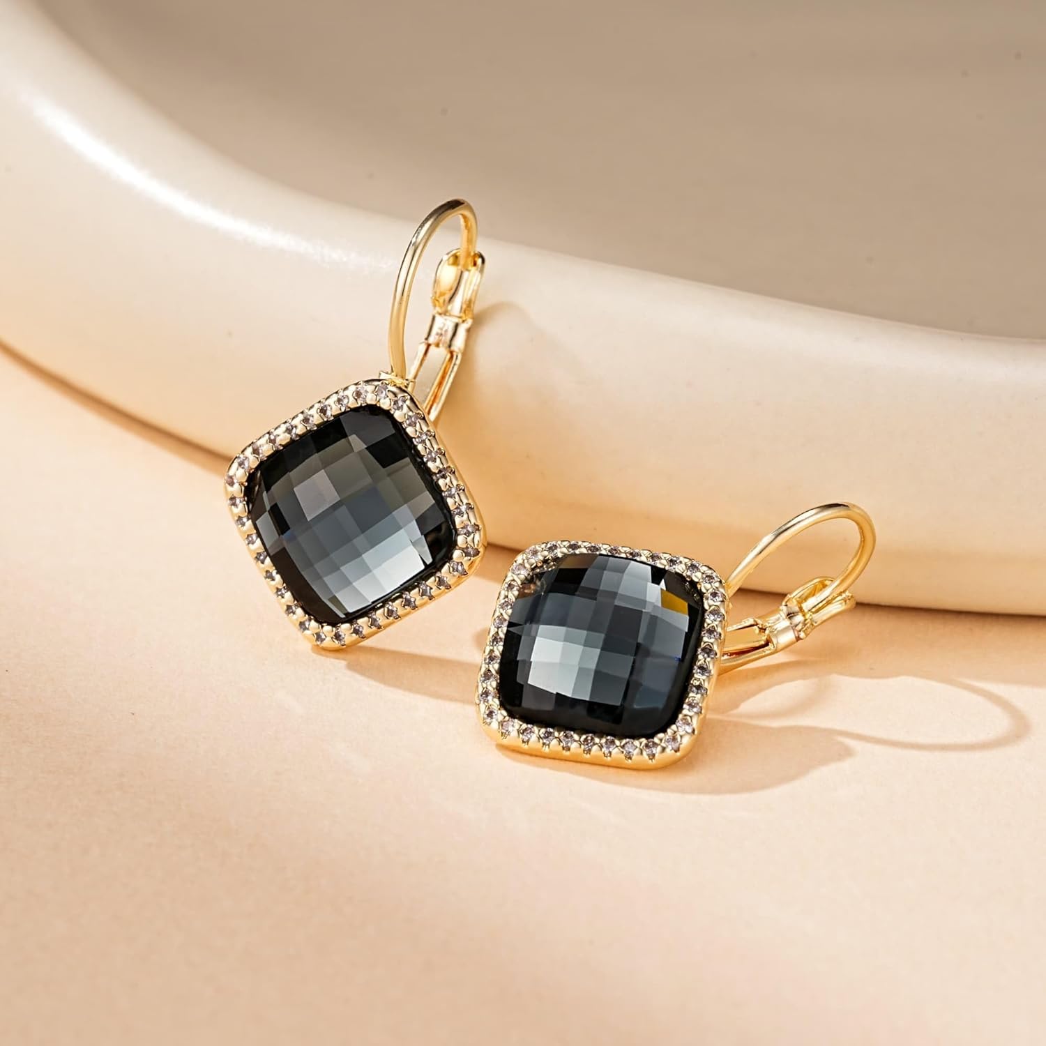 EVEVIC Austrian Crystal Halo Square Dangle Drop Leverback Earrings for Women Trendy 14K Gold Plated Jewelry Gifts for Anniversary - Image 3