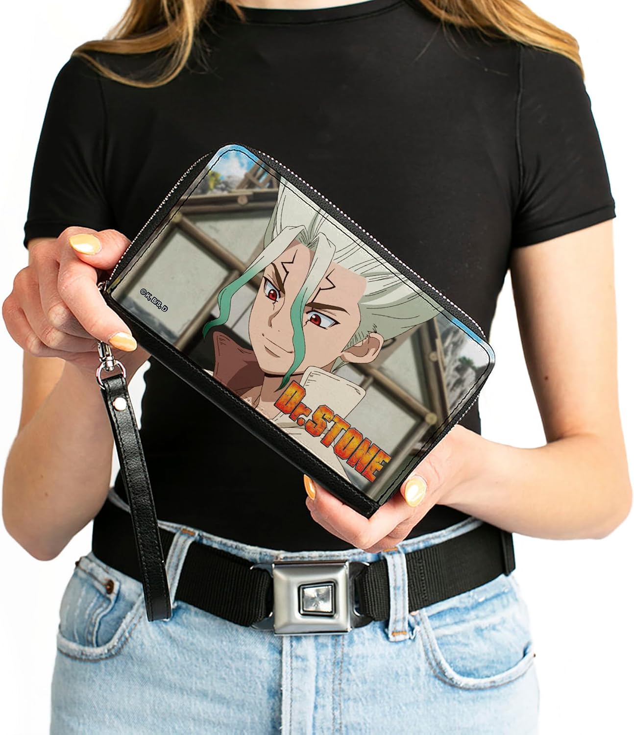 Buckle-Down Dr. Stone Wallet, Zip Around, Dr Stone Senku Ishigami Eyes Of Science Pose and Title Logo, Vegan Leather