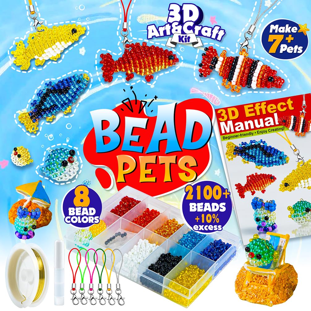 FUNSHOWCASE Pony Bead Animal Making Kit, DIY 3D 7+ Fish with Video Tutorial​