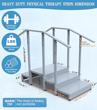 Up & Down Physical Therapy Step, Iron Alloy Therapy Stairs with Adjustable Handrails, Non-Slip Therapy Equipment for Home/Professional Rehabilitation Exercises(600LBs Capacity, Two Height Options)