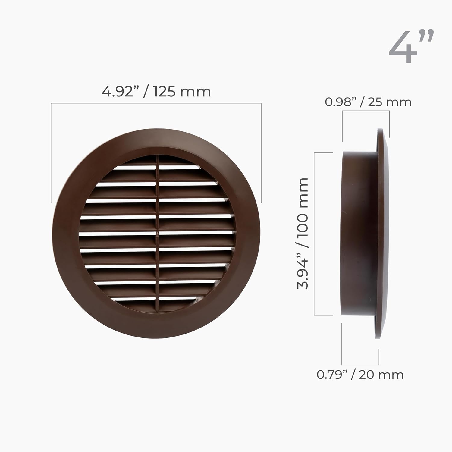 4" Inch (Opening) Brown Round Air Vent Cover - 2-Pack Plastic Fresh Air Intake Vent - Modern Soffit Vents - AC Cover with Nylon Mesh Screen - Wall, Ceiling HVAC Return Air Register