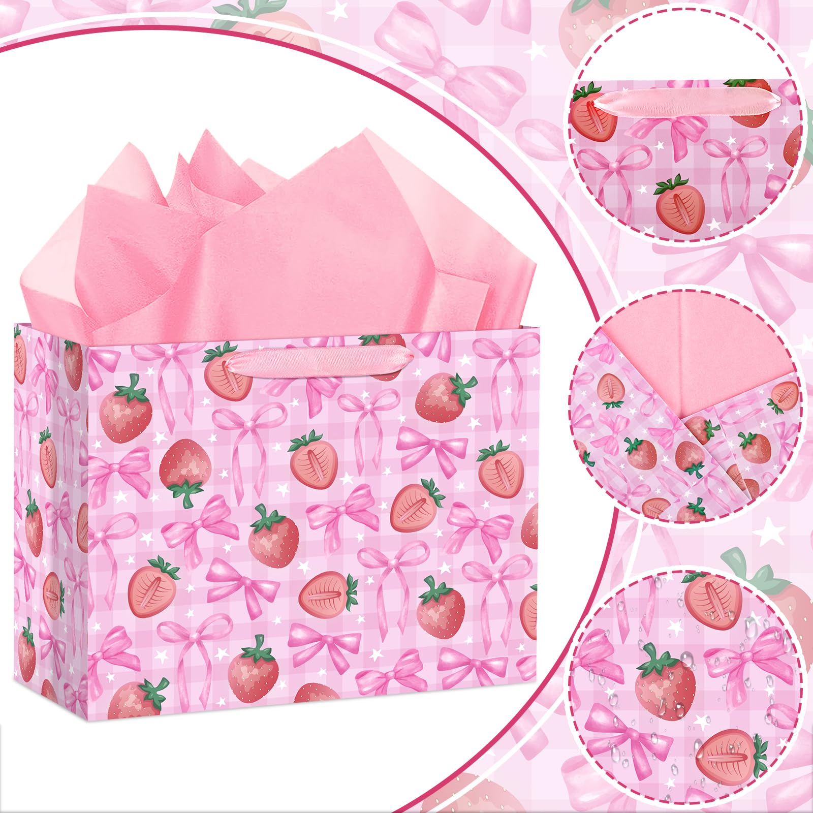Hooqict Large Strawberry Bow Gift Bag Pink Birthday Gift Wrapping Bag with Handles, Tissue Paper, Greeting Card for Girls Kids Women Sweet Strawberry Birthday Decorations Baby Shower Valentines Mothers Day