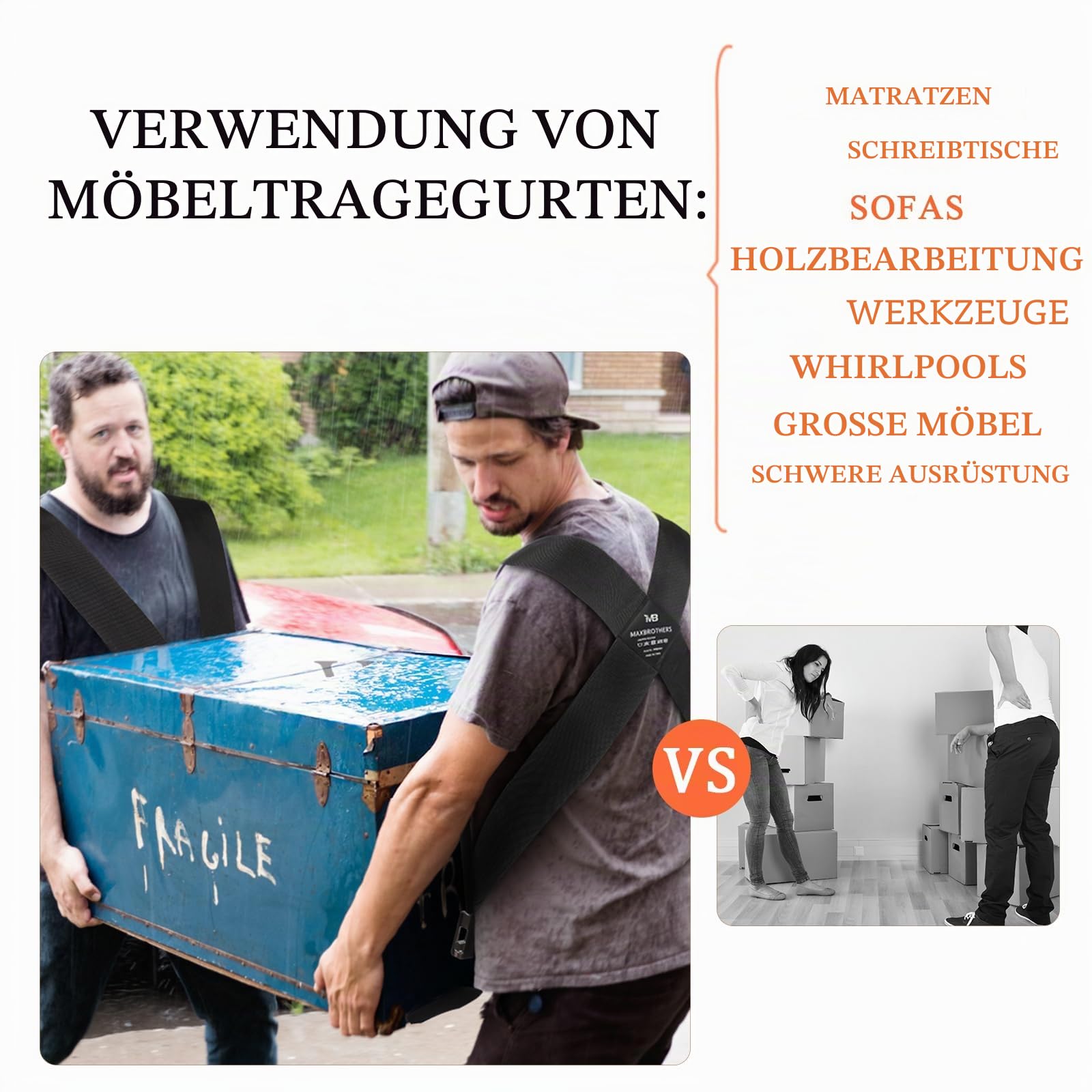 MAXBROTHERS Umzugsgurte (12,7 cm Breite), 2-Personen-Hebe- und Umzugsgurte, Heben, Bewegen und Tragen von Möbeln, Geräten oder Anderen Gegenständen bis zu 362,9 kg