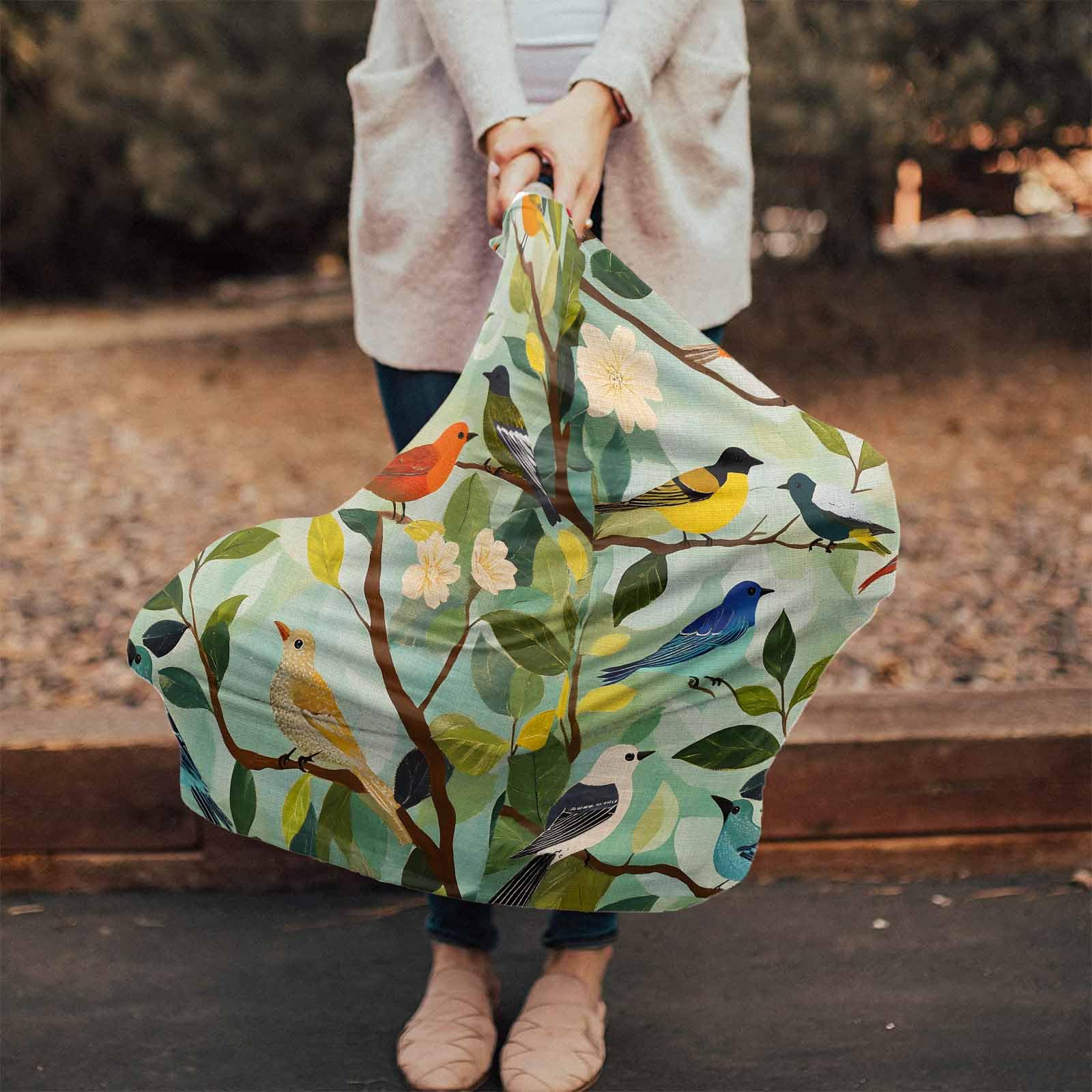 Orange Bird Country Nursing Cover for Breastfeeding Scarf, Green Branch Leaves Oil Painting Spring Baby Car Covers Super Soft Multi Use for Canopy Shopping Cart Cover Blanket Stroller Cover