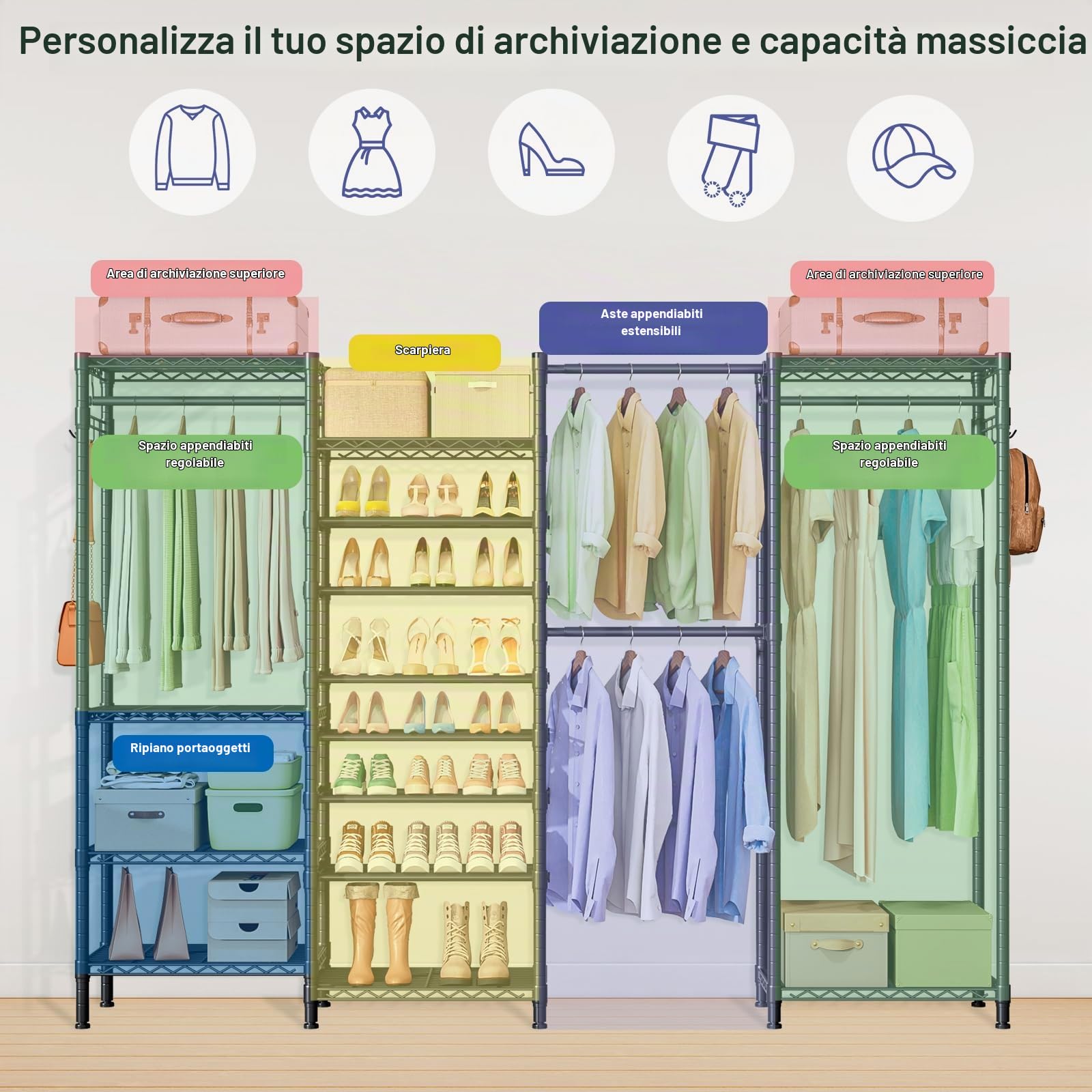 Cabina Armadio Componibile in Metallo con Stand Appendiabiti Estensibili e Scaffali Regolabili, Armadio Aperto Salvaspazio per Camera da Letto, Guardaroba e Lavanderia (Nero, 233-283x34.5x182cm)