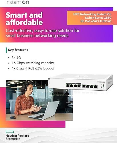Miniatura 3 de Switch de conexión instantánea de red HPE serie 1830 de 8 puertos Gb Smart Managed Layer 2 Ethernet Switch con PoE 8X 1G 4X CL4 PoE (65 W) Sin