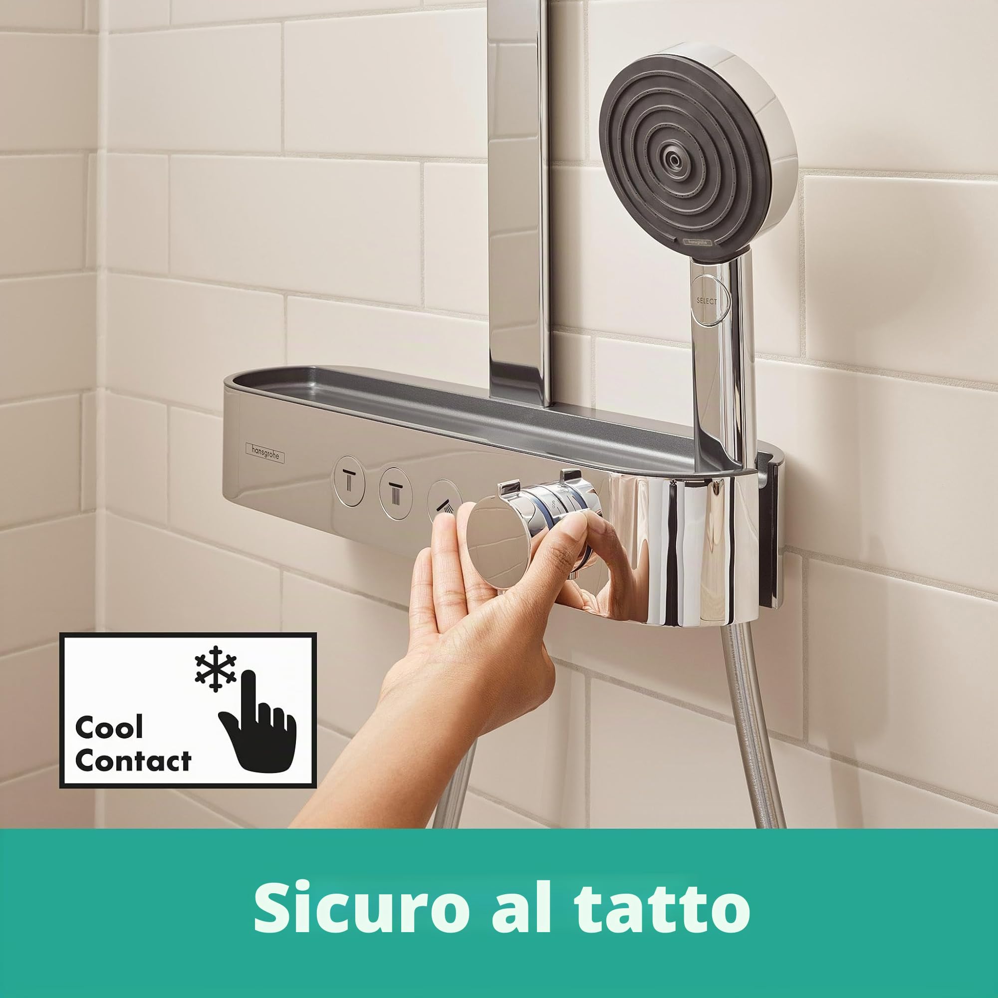 hansgrohe Pulsify S - Colonna doccia a risparmio idrico (EcoSmart) con miscelatore termostatico, Sistema doccia (260 mm) con rubinetto, doccetta, tubo, asta e soffione doccia tondo, cromo, 24241000