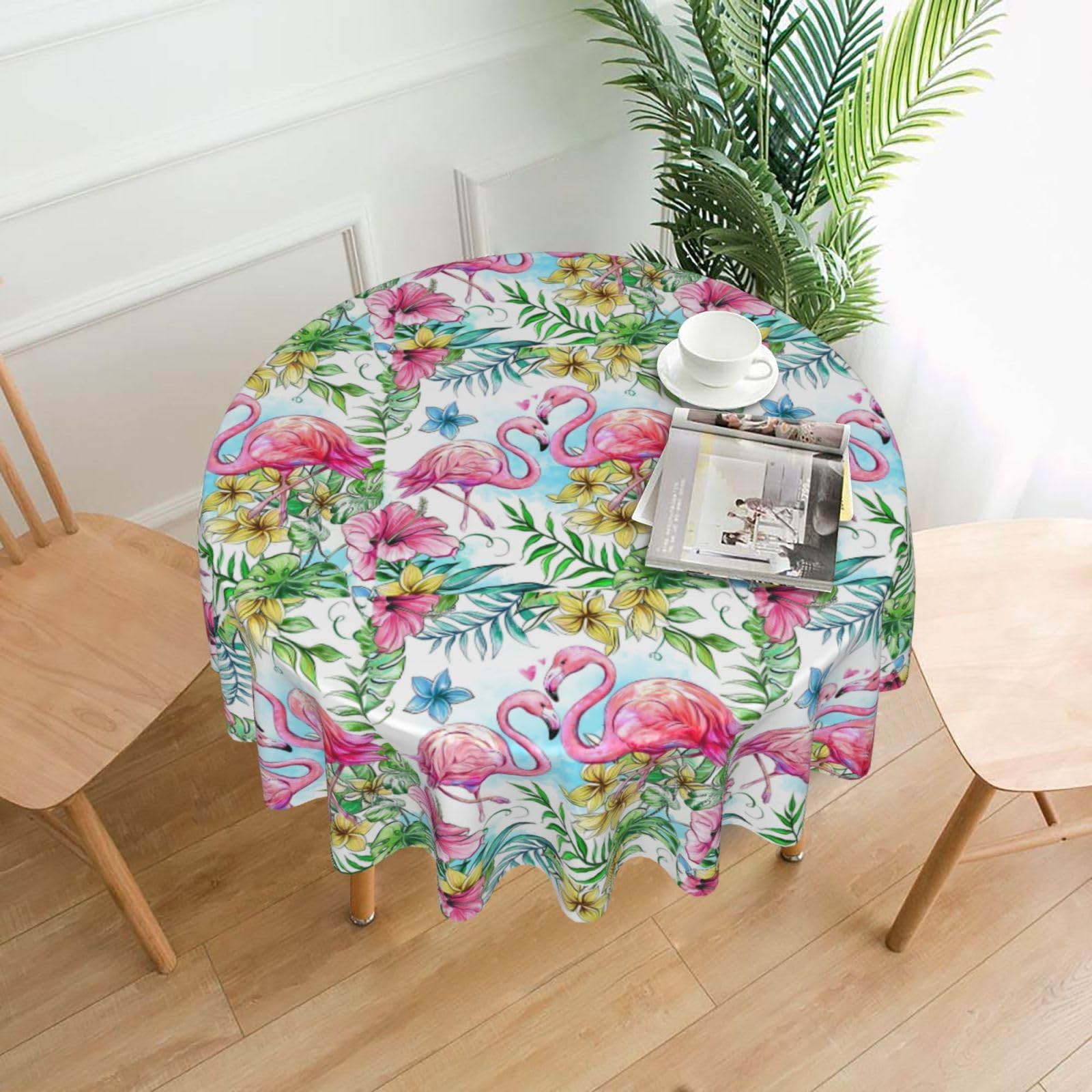 Nbtghga Flamingo Flowers Print Tablecloth Round Border Table Cloth Cover Decorative For Party Holiday Dinning Tabletop Home