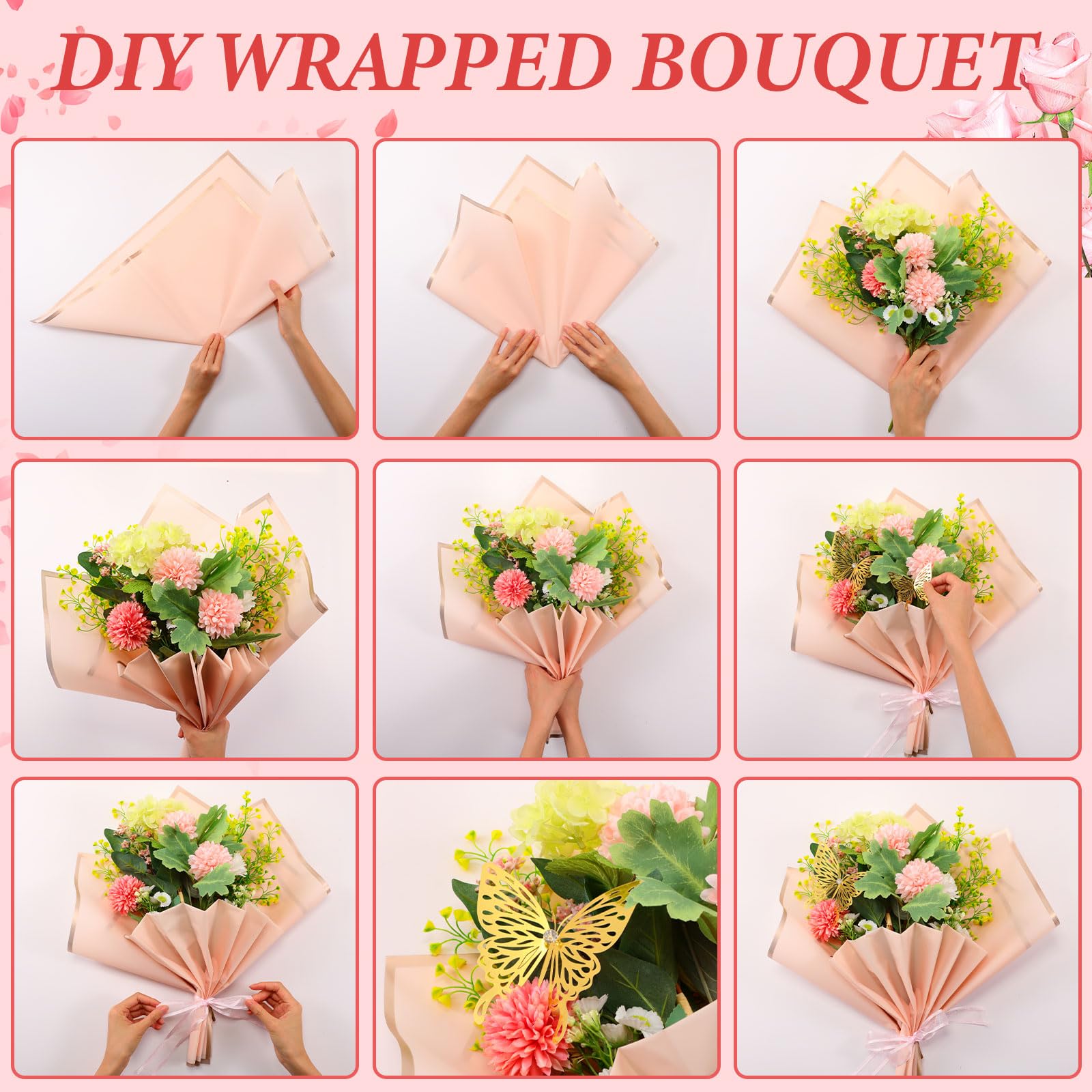 Seajan 260-Piece Flower Bouquet Wrapping Kit - Waterproof Floral Paper, Ribbons, Pins & 3D Butterflies