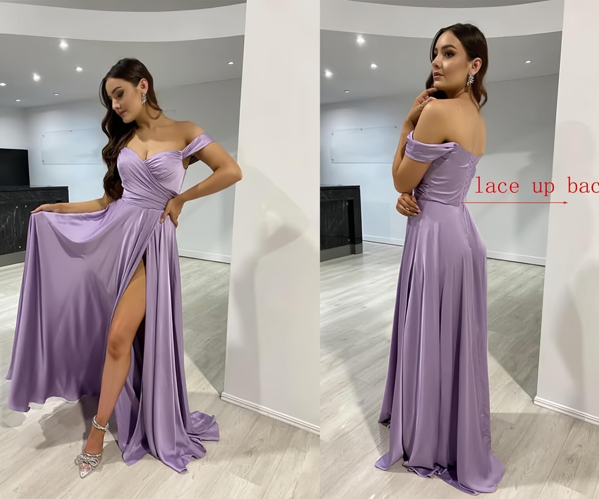 Women's Off The Shoulder Bridesmaid Dresses with Slit Satin Formal Gowns Long Prom Evening Party Dress with Pockets