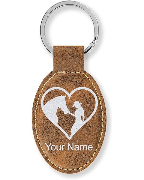 LaserGram Oval Keychain, Horse Cowgirl Heart, Personalized Engraving Included