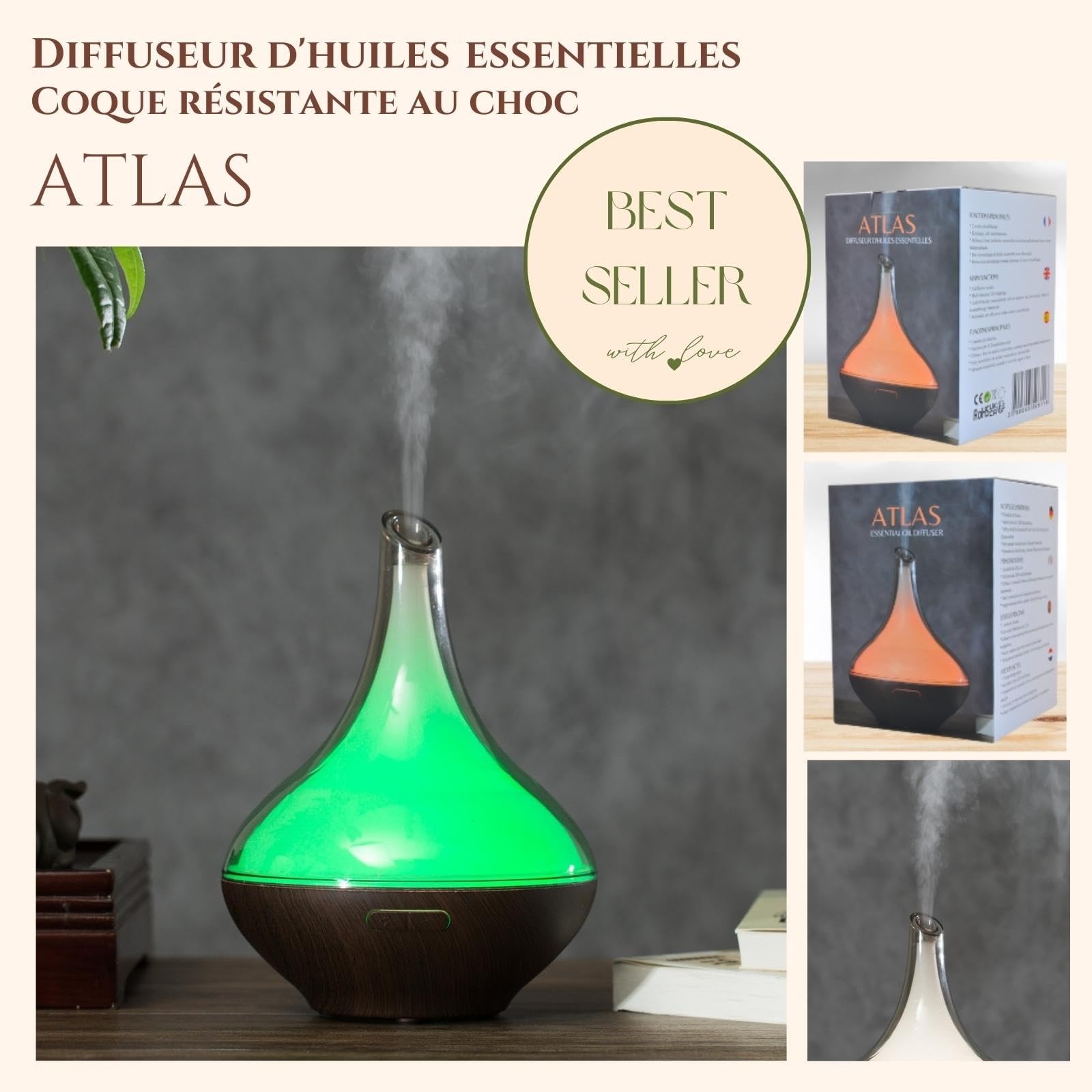 Zen'Aroma Dyfuzor olejków eterycznych Atlas, ultradźwiękowy dyfuzor do aromaterapii, elektryczny dyfuzor nawilżacza, konfigurowalne oświetlenie LED, nowoczesny design, cichy i kompaktowy