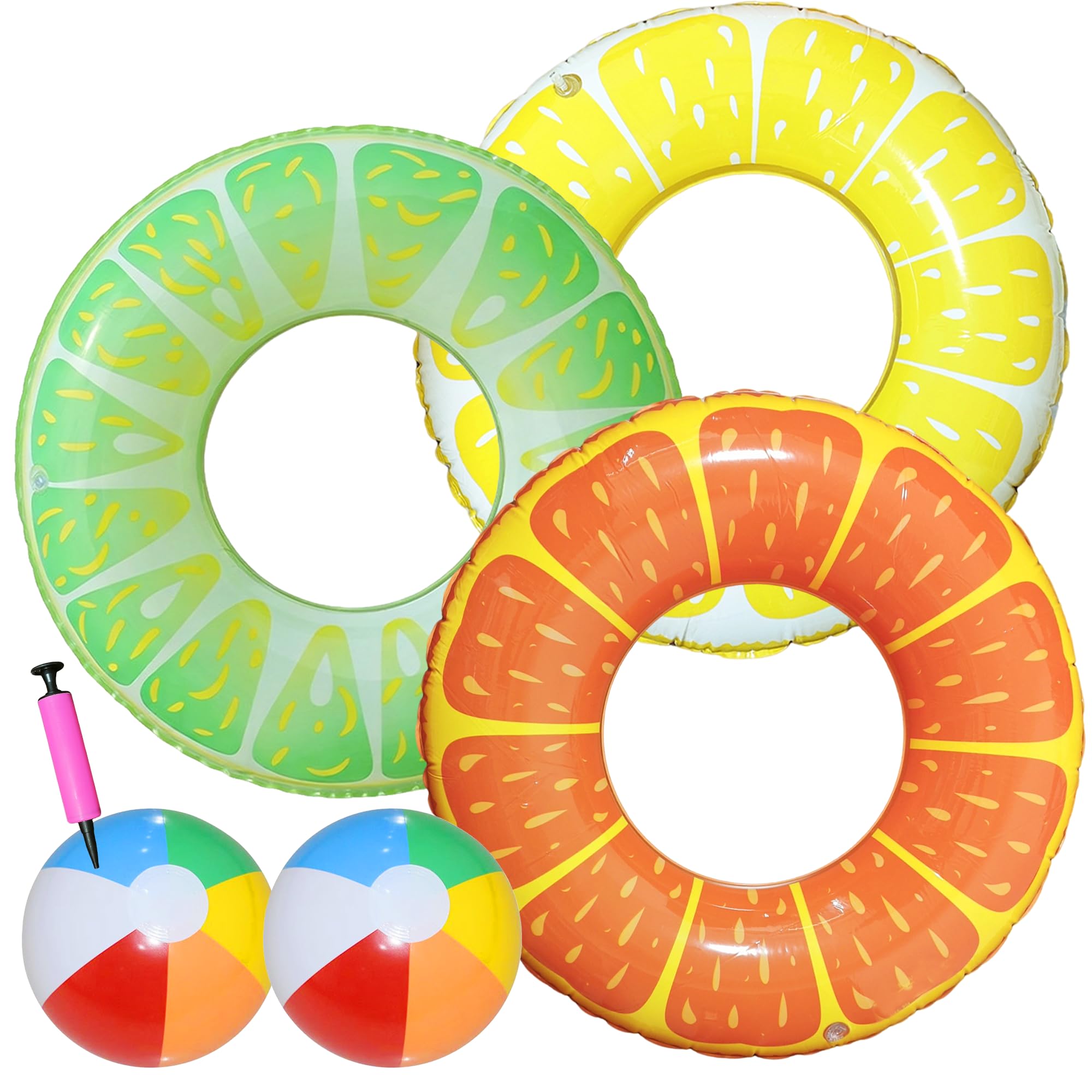 Lubibi 6Pcs Fruit Inflatable Pool Floats Set,grapefruit Lemon Lime Swimming Rings with 2 Beach Balls,1 Air Pump,Portable PVC Float Toys,Kids,Adults,Ideal for Beach, Pool Parties,Summer Gifts