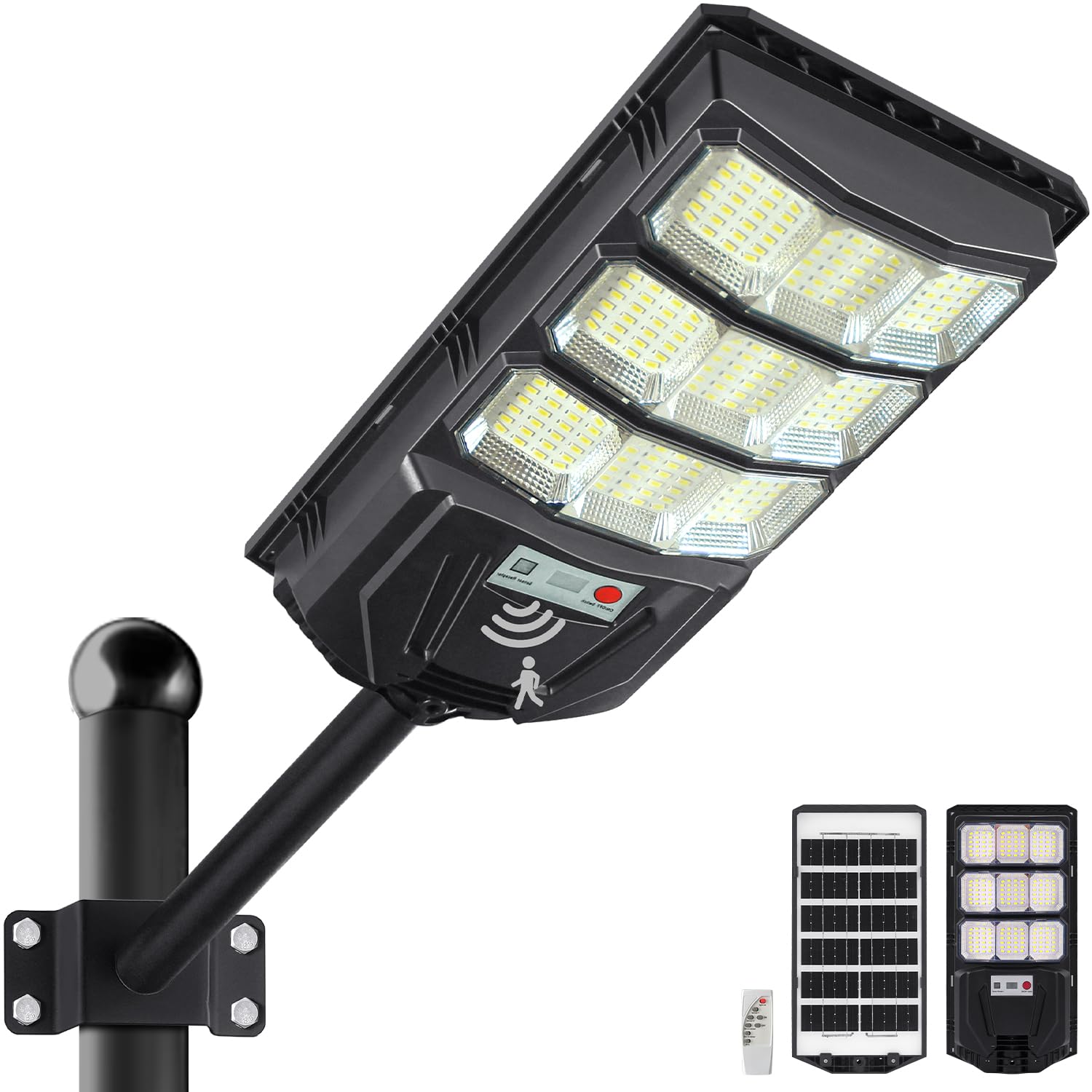 Solar Street Lights Outdoor, LED Large Solar Parking Waterproof Light with Motion Sensor Pole Mount, 8500K Dusk to Dawn LED Outside Security Flood Commercial Lighting for Yard, Parking Lot (1PACK)