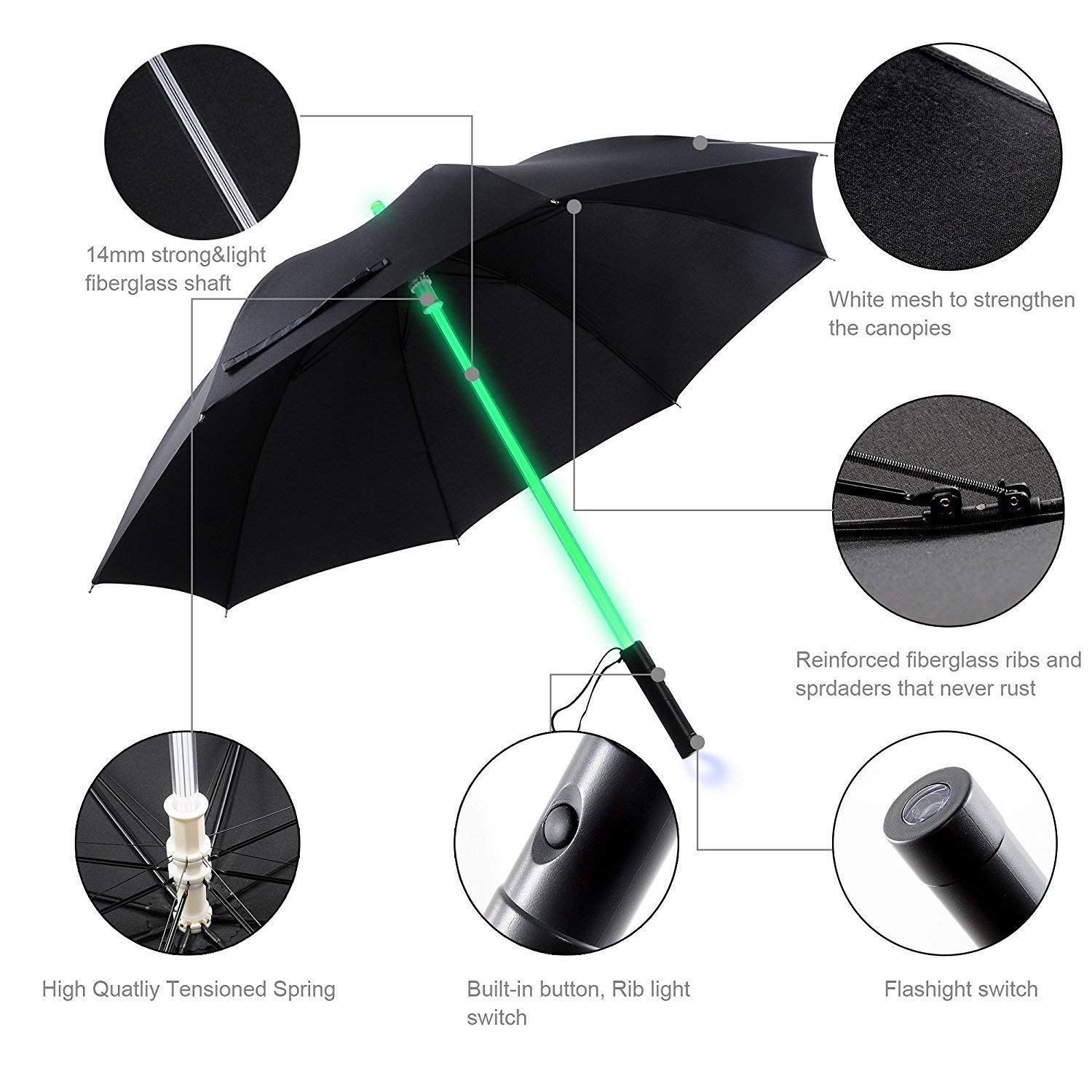 NEO+ Parasol z latarką LED, miecz świetlny, podświetlany czarny parasol z 7 kolorami