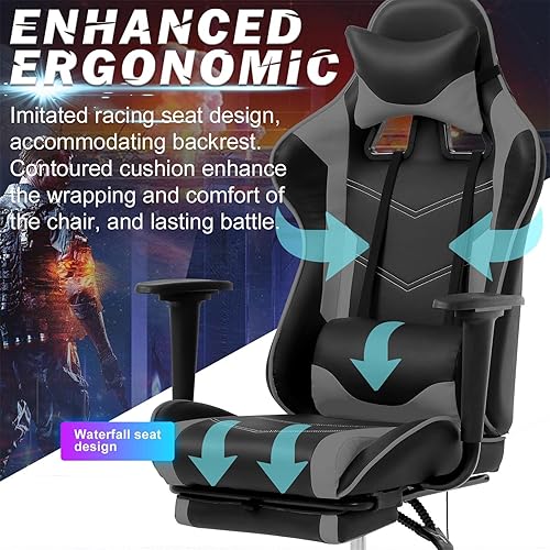 Miniatura 13 de PC Gaming Chair Ergonomic Racing Office Chair Video Game Chair, Massage Function Lumbar Support with Arms Footrest & Headrest Nice Chic Desk Chair,