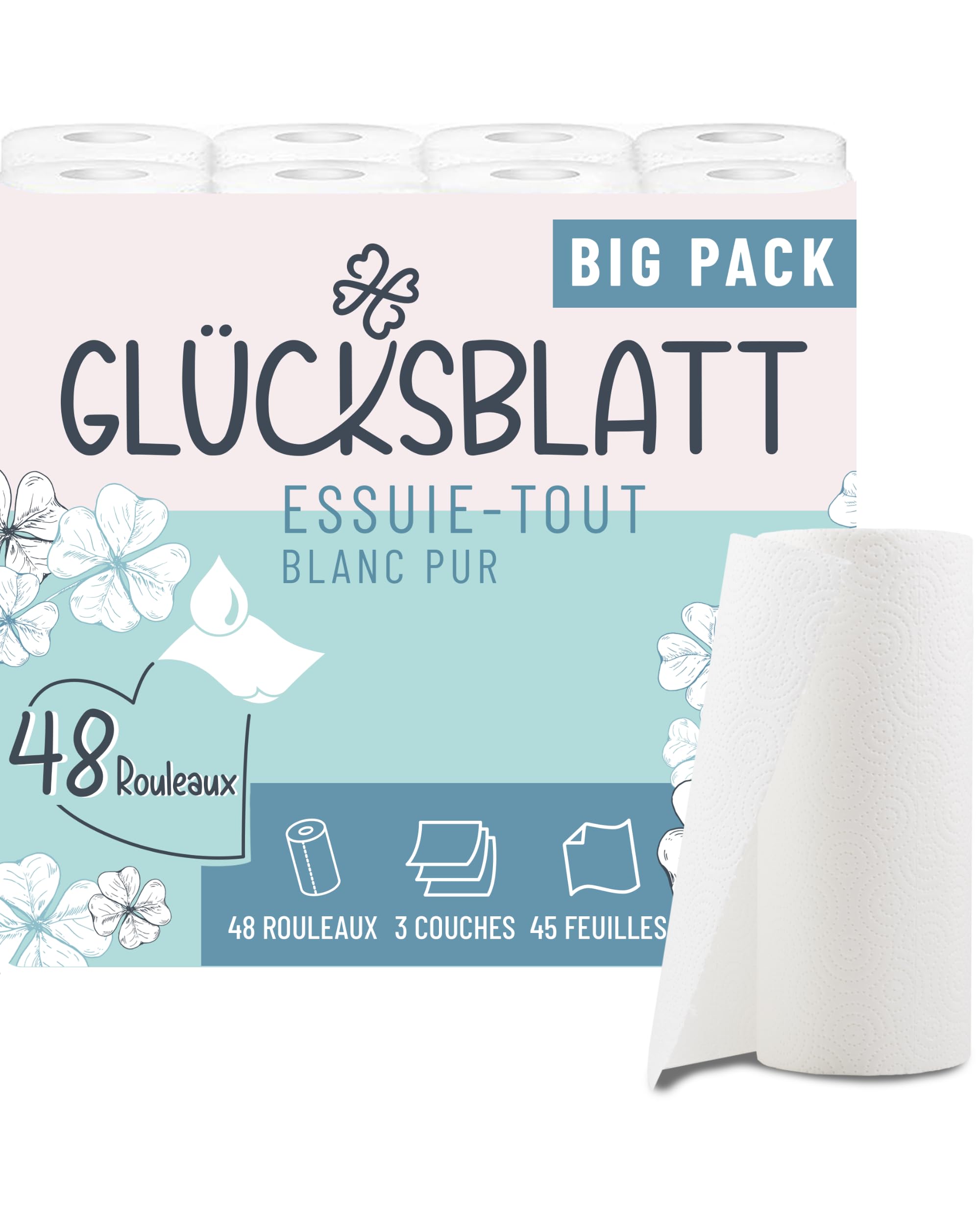 Glücksblatt Papier Essuie-Tout, 48 Rouleaux de 45 Feuilles, Rouleaux de Cuisine à 3 Couches, 100% Cellulose, Durables, Rouleaux Ménagers Absorbants, Lingettes Polyvalentes, Papiers Essuie-Tout