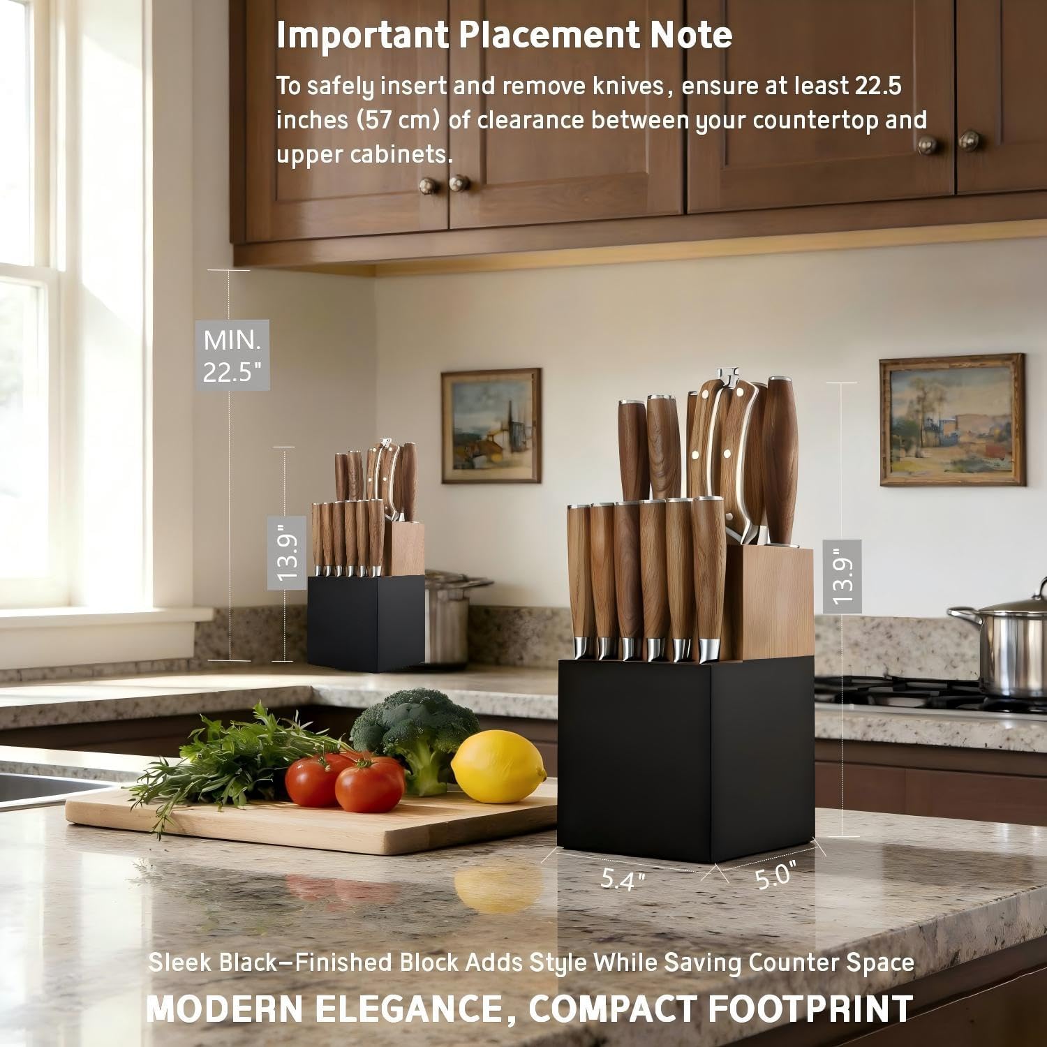 Ultra Sharp 15-Piece Kitchen Knife Set, High Carbon Stainless Steel Blades, Torrefied Brown Wood Handles, Ergonomic Design, Space-Saving Black-Finished Wood Block, Easy Hand Wash, Gift Box
