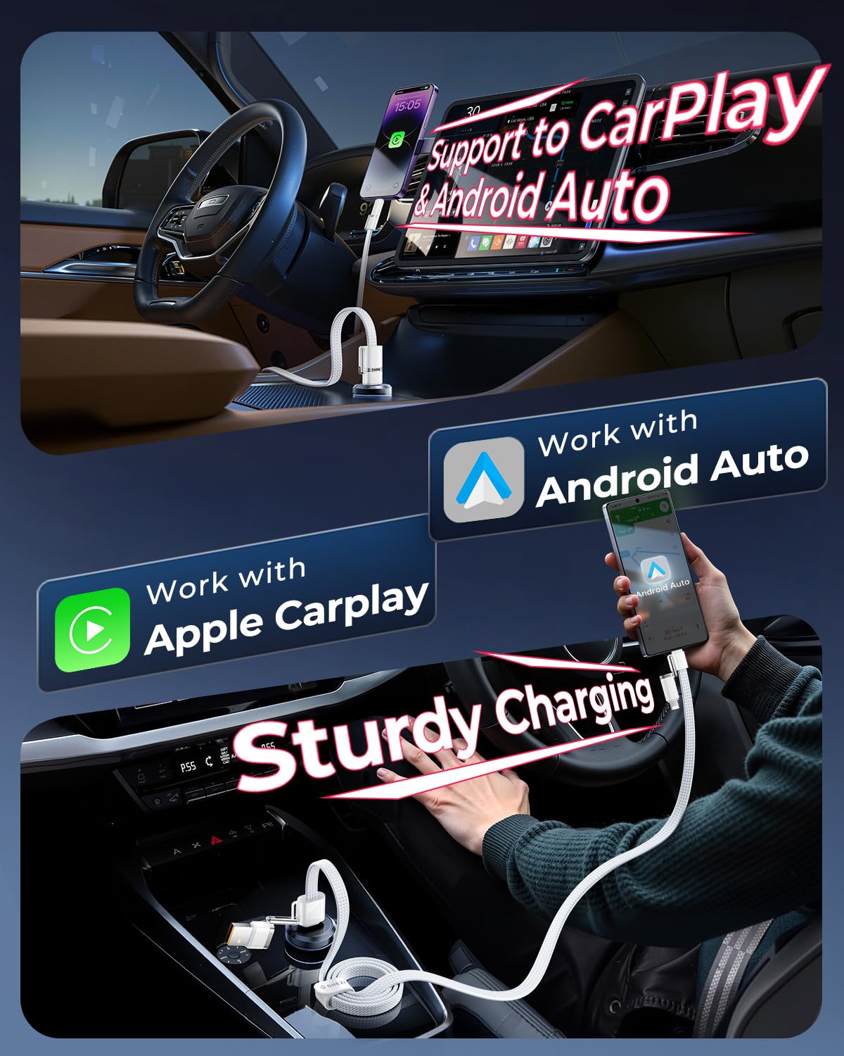 SHEZI Applstyle - Cable USB C a Lightning 4 en 1 de 5 pies, carga rápida de 240 W, transferencia de datos de sincronización de 15 segundos, soporte para CarPlay y Android Auto, USB A a tipo C, combo