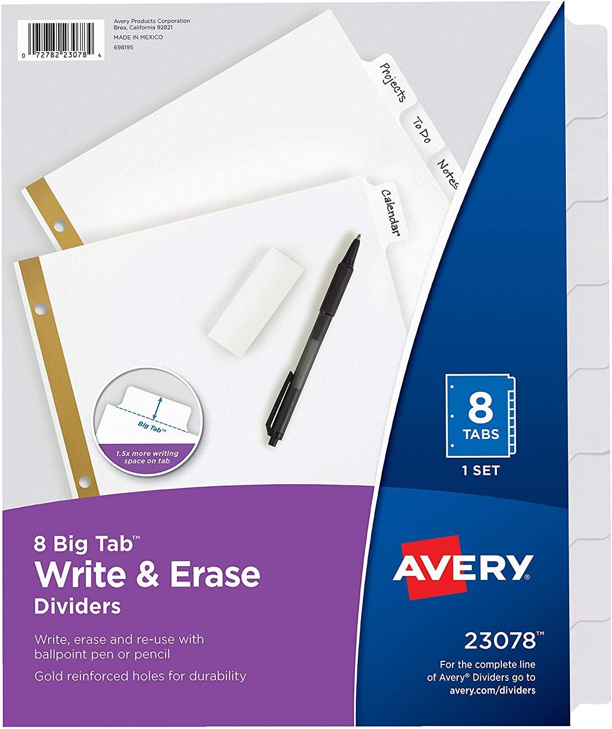 8-Tab Binder Dividers, Write & Erase White Big Tabs, 10 Set (23078)