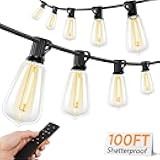Brightever LED Outdoor String Lights with Remote, 100FT Commercial Grade Waterproof Outdoor Patio Lights, 30+2 ST38 Dimmable Edison Bulbs, 2700K Warm White Rope Light for Outside, Low Voltage 24V