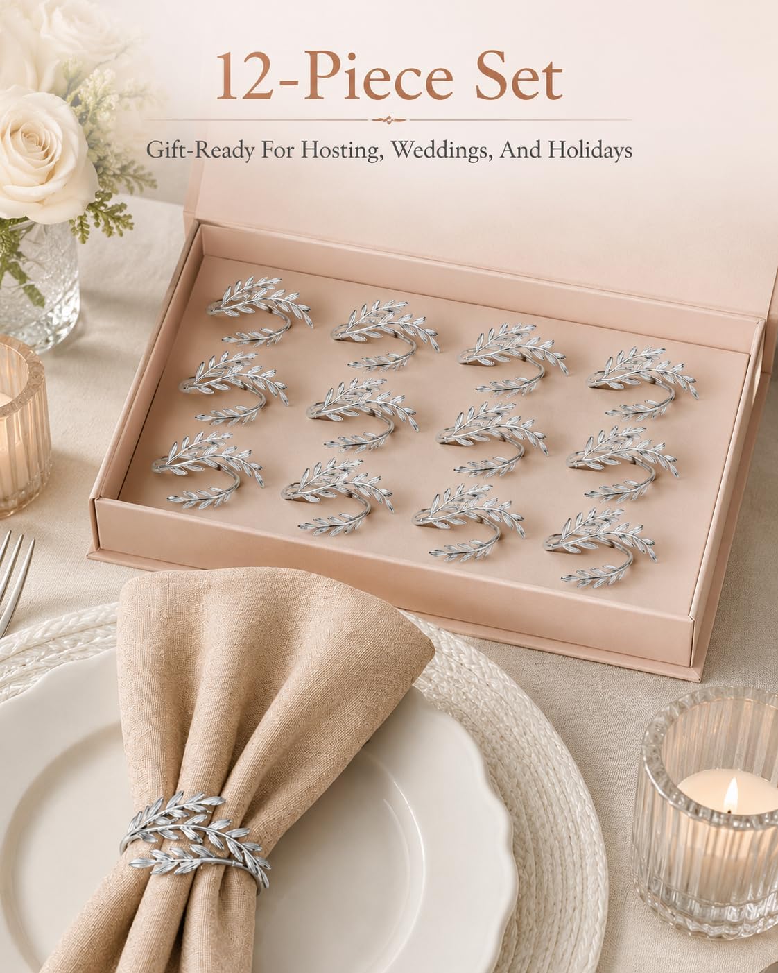 Silver Wheat Napkin Rings Set of 12 for Weddings and Holiday Tables