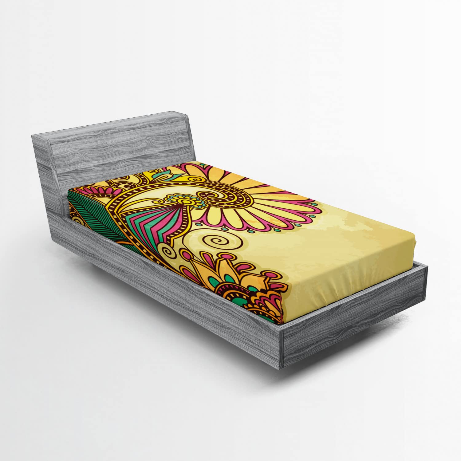 Ambesonne Grunge Fitted Sheet, Paisley Flower Leaf Design with Floral Mandala Oriental Pattern Effects, Bed Cover with All-Round Elastic Deep Pocket for Comfort, Twin XL Size, Mustard Teal Pink