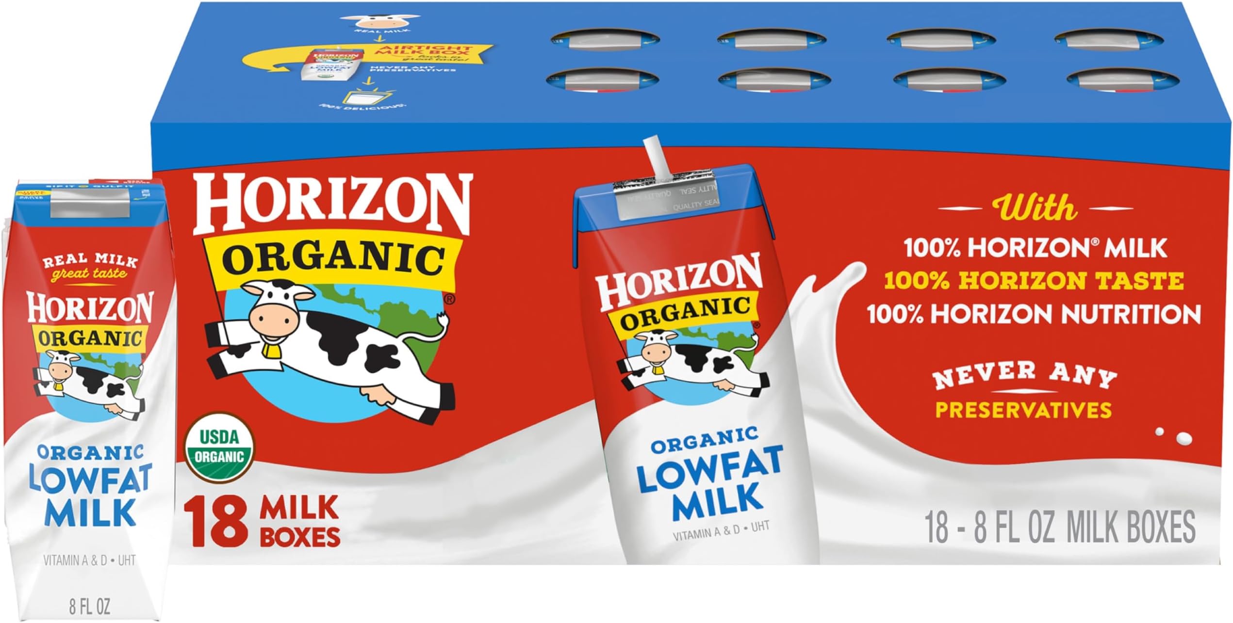 Horizon Organic Shelf Stable 1% Lowfat Milk Boxes, 8 fl oz, 18 Count - 8g Protein per Serving, USDA Organic UHT from Pasture-Raised Cows, Ready to Drink for Lunchbox, Travel, or On-the-Go, No Refrigeration Needed
