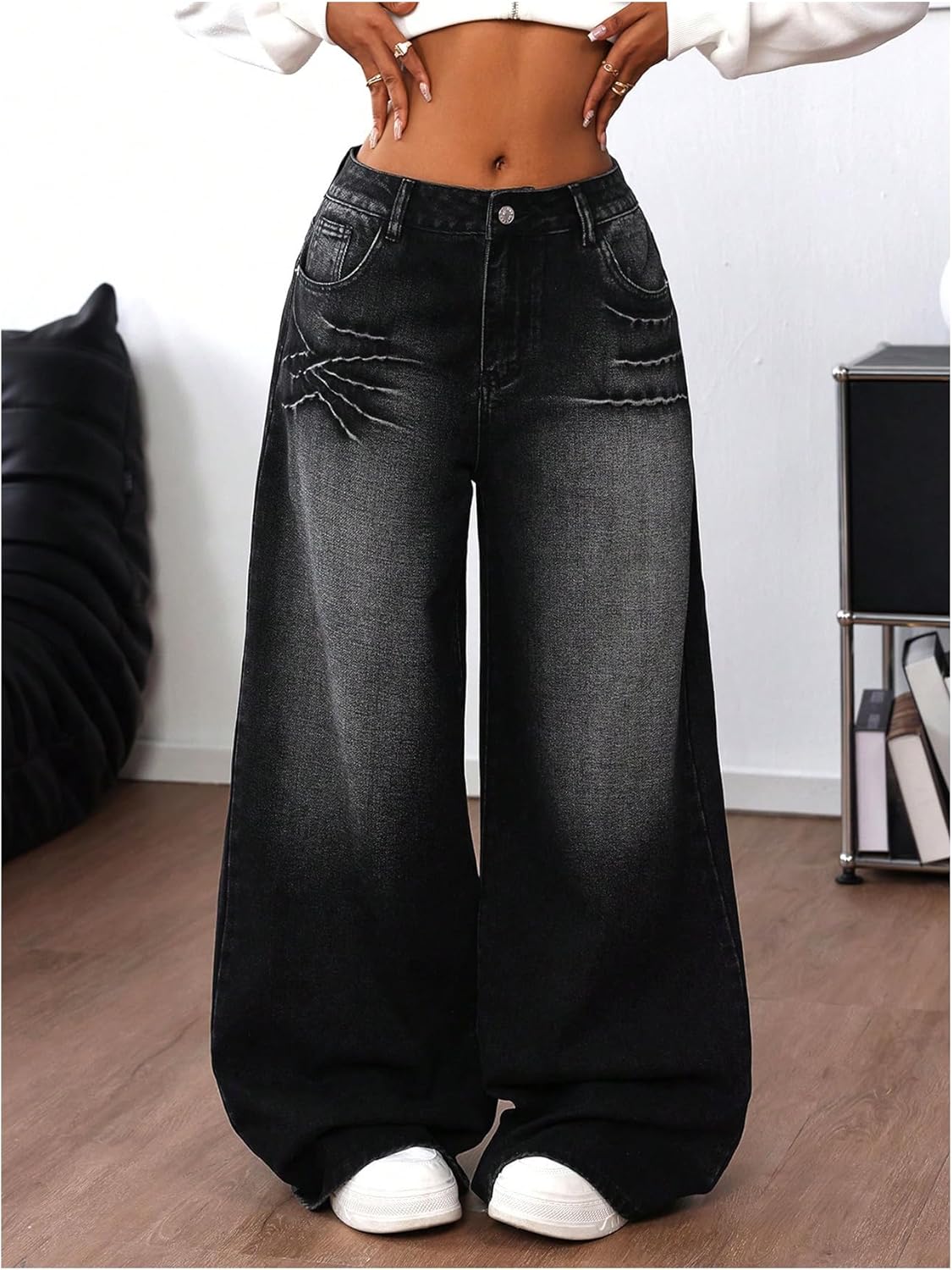 Floerns Women's Y2k Baggy Jeans Women 2025 Low Waist Cross Print Boyfriend Streetwear Wide Leg Punk Denim Pants