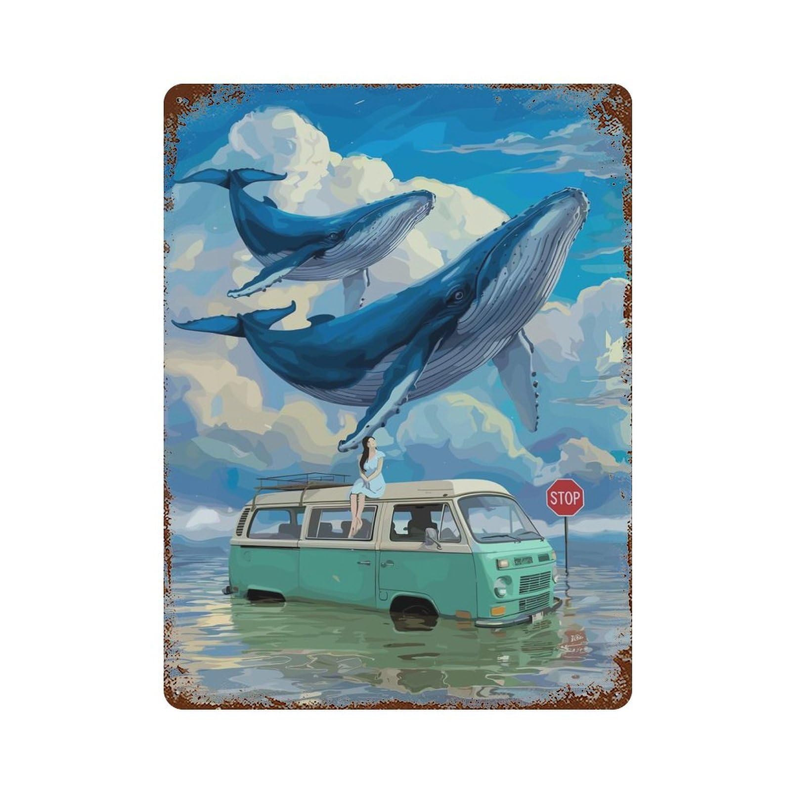 Rustic Tin Plaque with Whales Over Van Design 15.7"x11.8", for Cafe, Home Bar And Lounge Decor, Industrial Home Decor