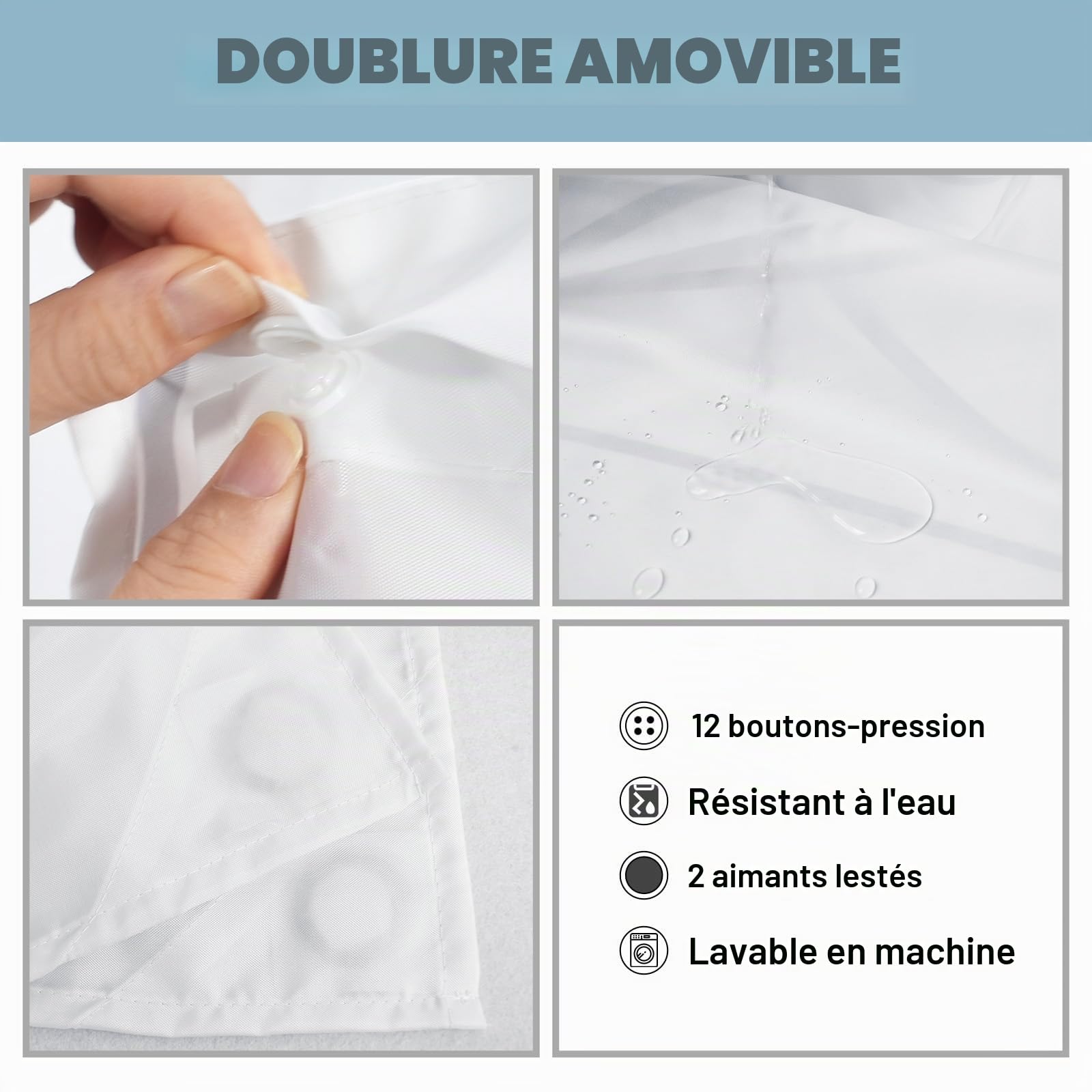 LXBNI Rideau de Douche à Rayures Grises et Blanches sans Crochet avec Doublure en Tissu – Ensemble de Rideau de Douche d'hôtel et Doublure avec fenêtre supérieure en Maille Transparente, Lavable en