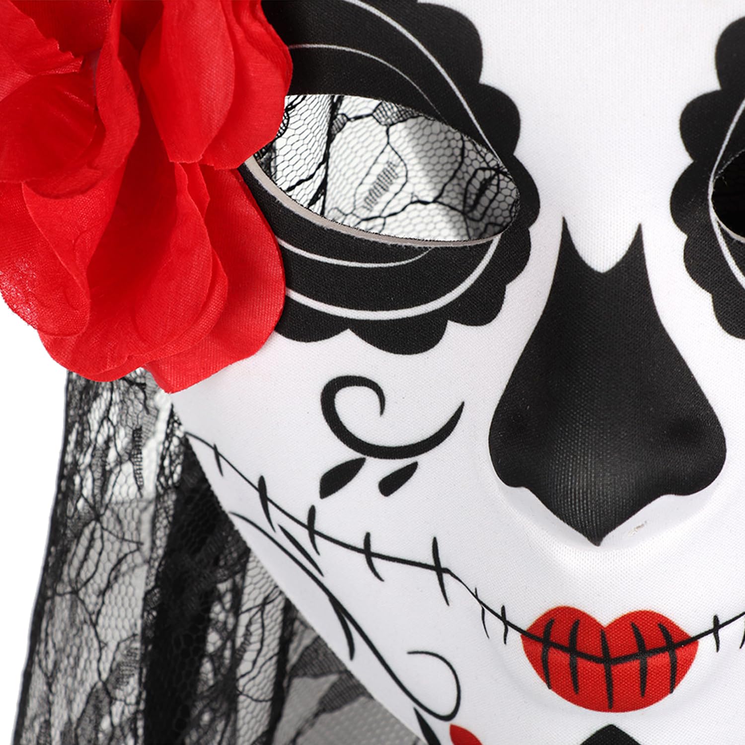 KIHOARL Day of The Dead Sugar Skull Mask with Veil and Rose Flower Crown Mexican Dia de Los Muertos Halloween Lace Mask for Masquerade Cosplay Party Costume Accessory