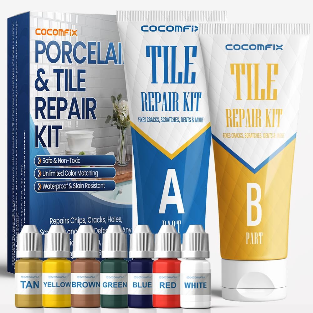 tile repair kit, ceramic tile repair kit (color match), porcelain repair kit with super strong adhesion, fixes chips, cracks and holes in ceramic tile, porcelain, acrylic, fiberglass, enamel