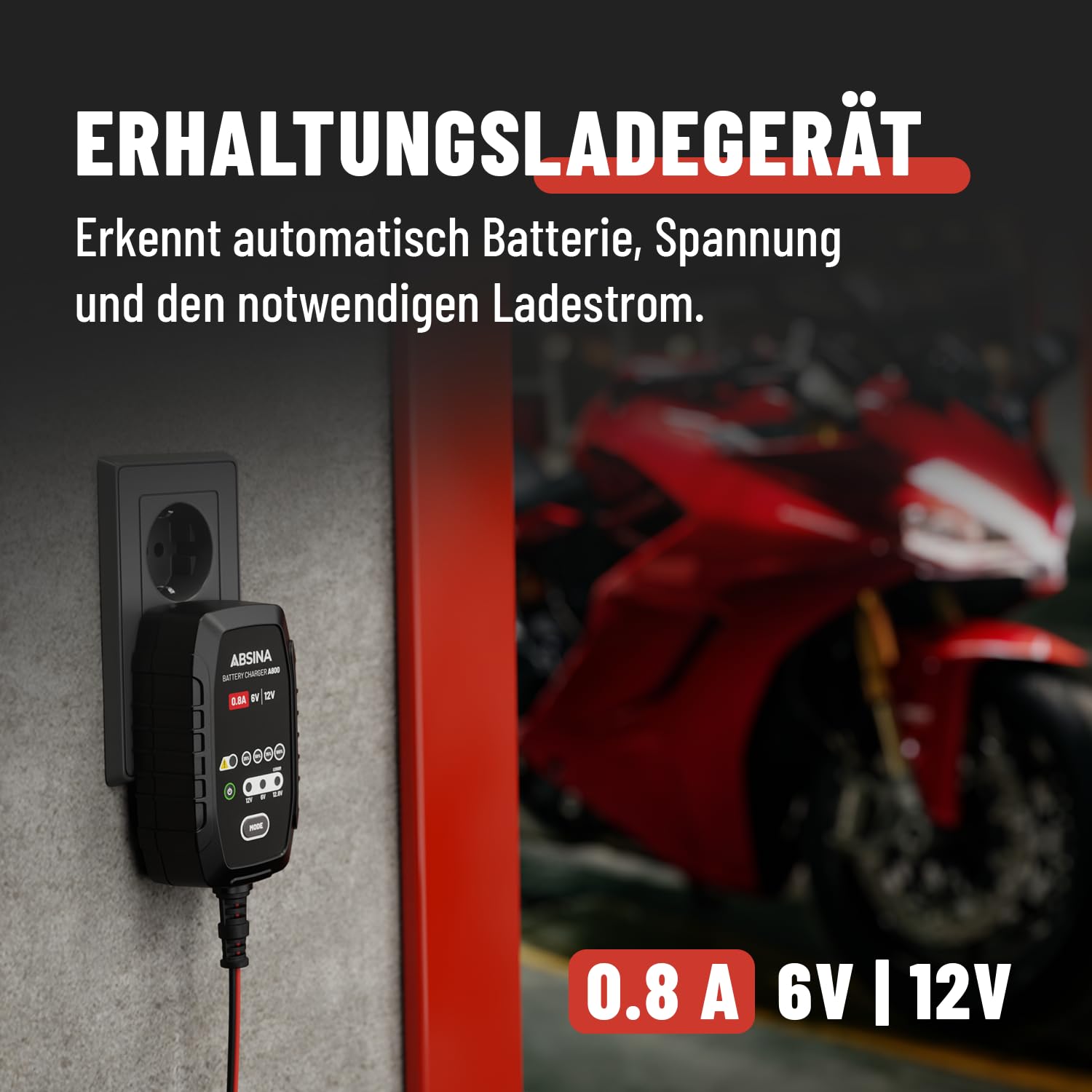 ABSINA Roller & Motorrad Batterieladegerät vollautomatisch mit 800mA - AGM Ladegerät 6V & 12V Blei Batterie bis 26Ah / 12,8V Lithium bis 15Ah - Ladegerät Motorradbatterie mit 3,4m Kabel