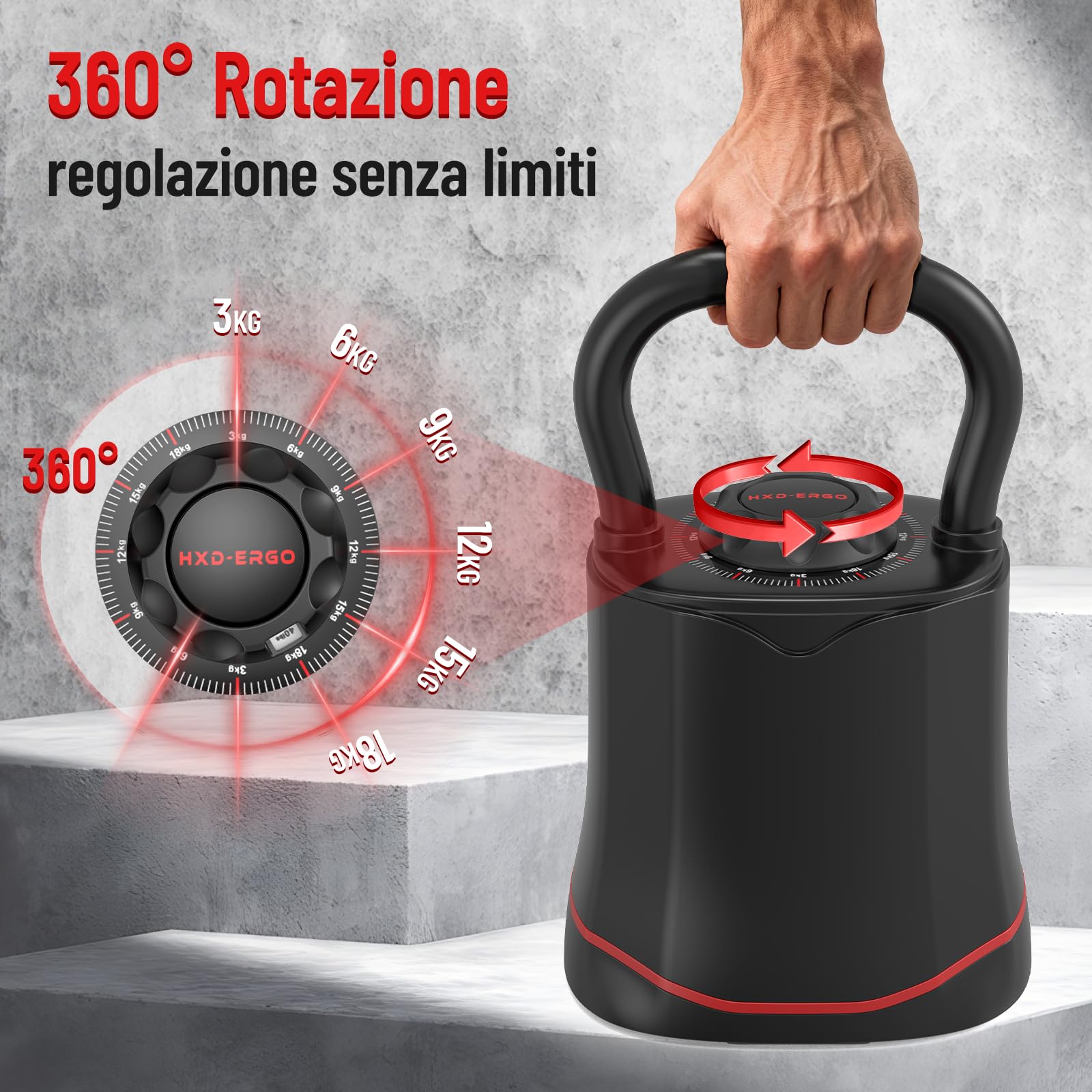 HXD-ERGO Kettlebell regolabile 6 in 1 (3 – 18 kg), peso a cambio rapido, impugnatura larga, bilanciere compatto per la casa e la palestra