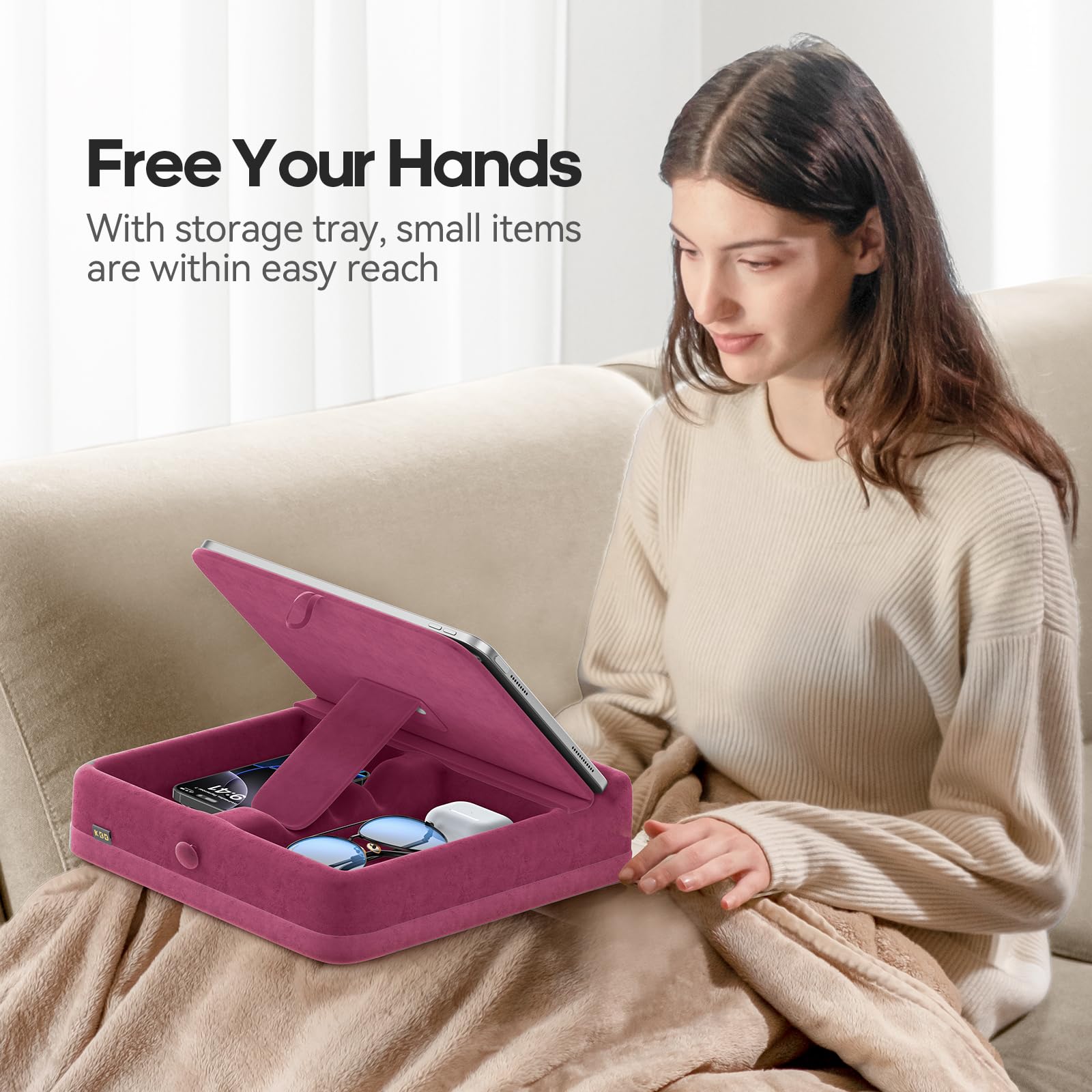 KDD Coussin Support Tablette avec Rangement, Support Tablette Lit Pliable, Support Livre Ouvert pour Lit, Genoux, Bureau, Support Ipad pour iPad Pro 12.9, 10.5, 11, Air, téléphones, Livres, Violet