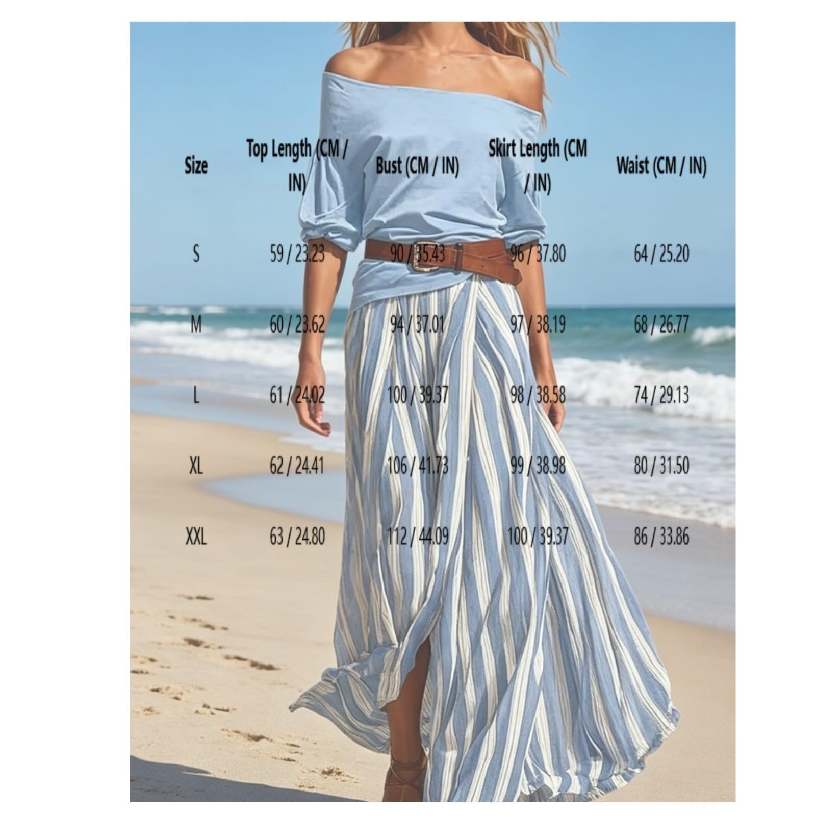 Genérico Conjunto de dos piezas de verano para mujer: top de manga corta con hombros descubiertos y falda larga de talle alto a rayas, vestido bohemio fluido con cinturón.