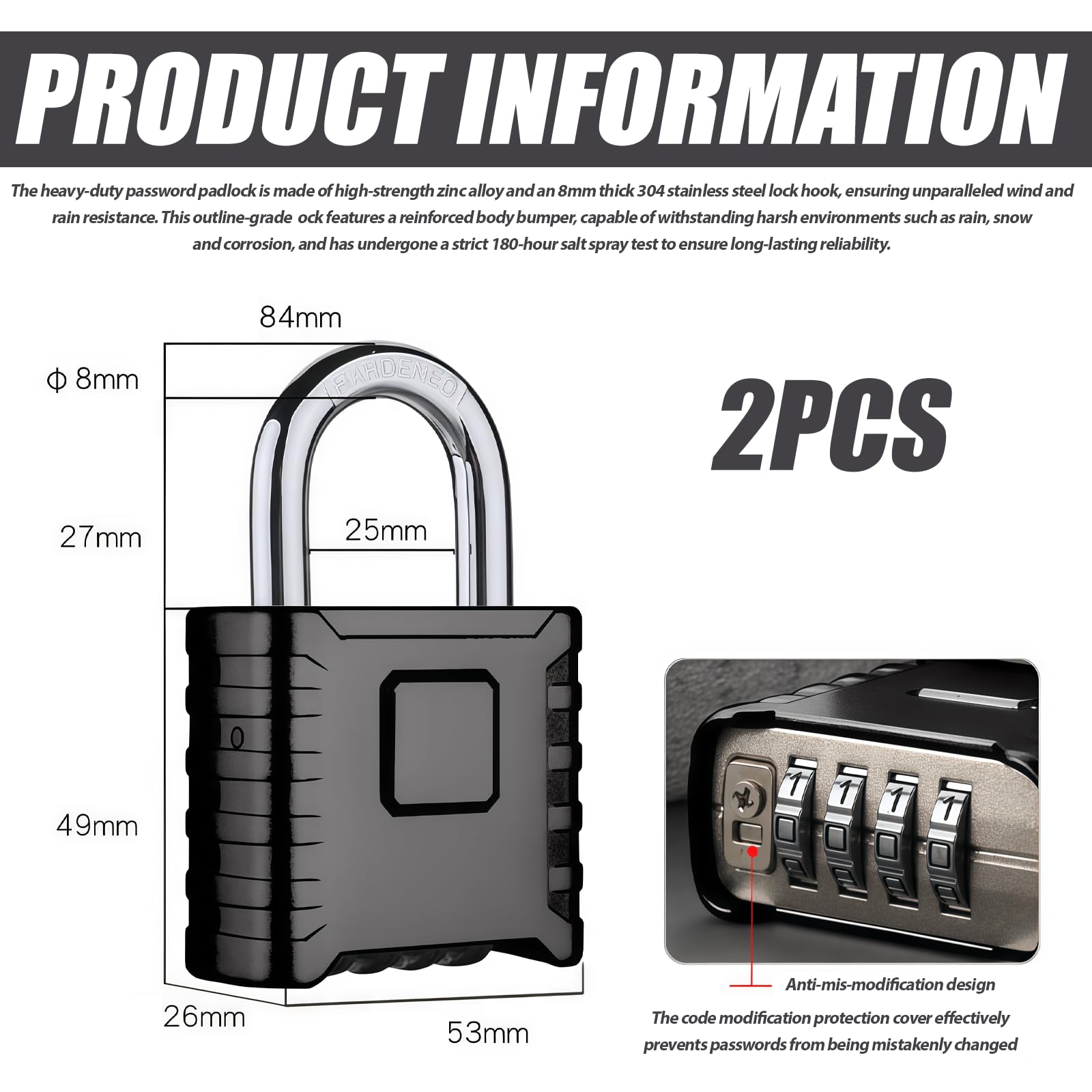 PRITOK Heavy Duty Combination Padlock Outdoor Weatherproof: 2-Pack Large 4 Digit Code Padlock with Thick Stainless Steel Shackle - Image 2